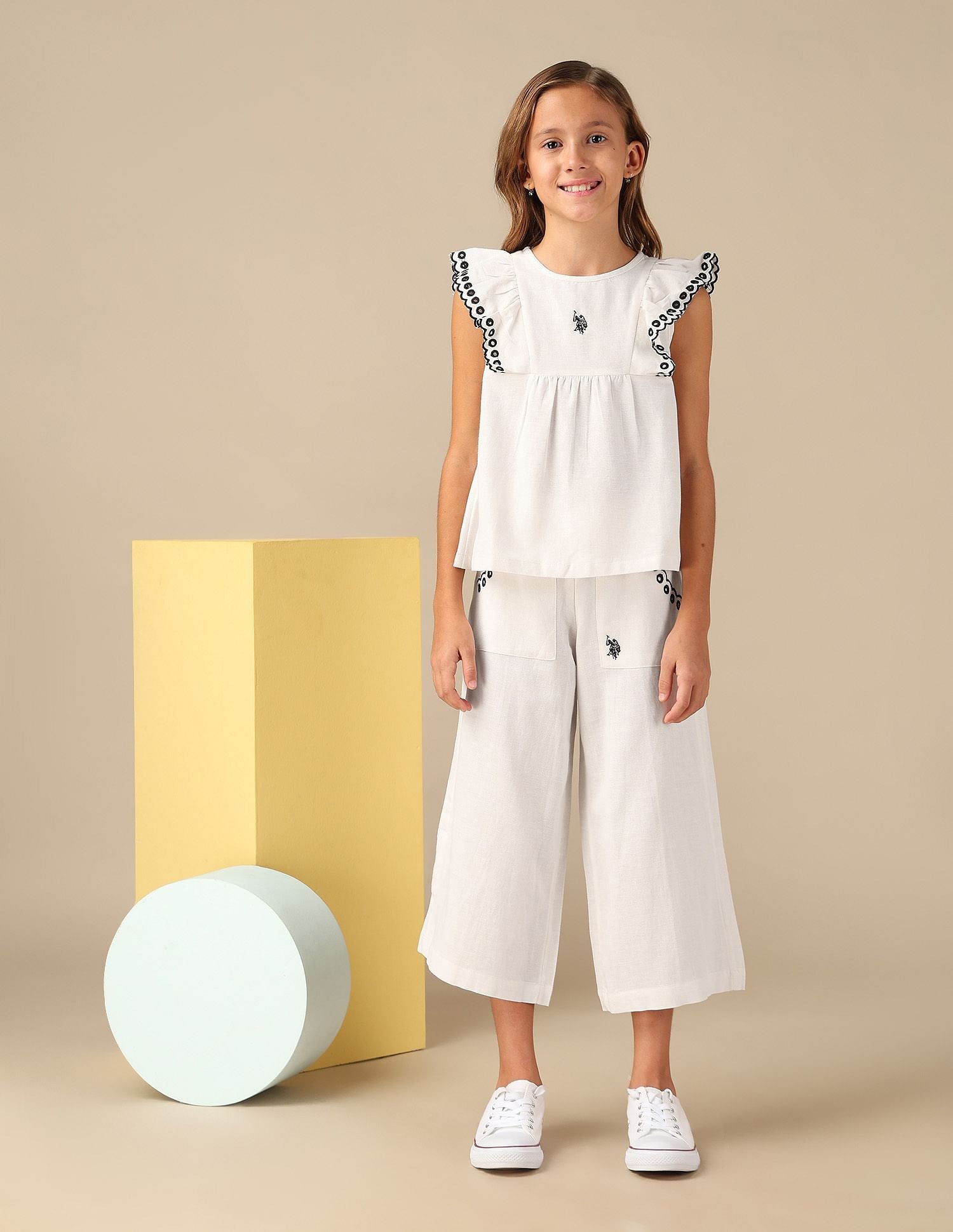 Girls Solid Embroidered Frill Top Ecru - U.S. POLO ASSN. | Large