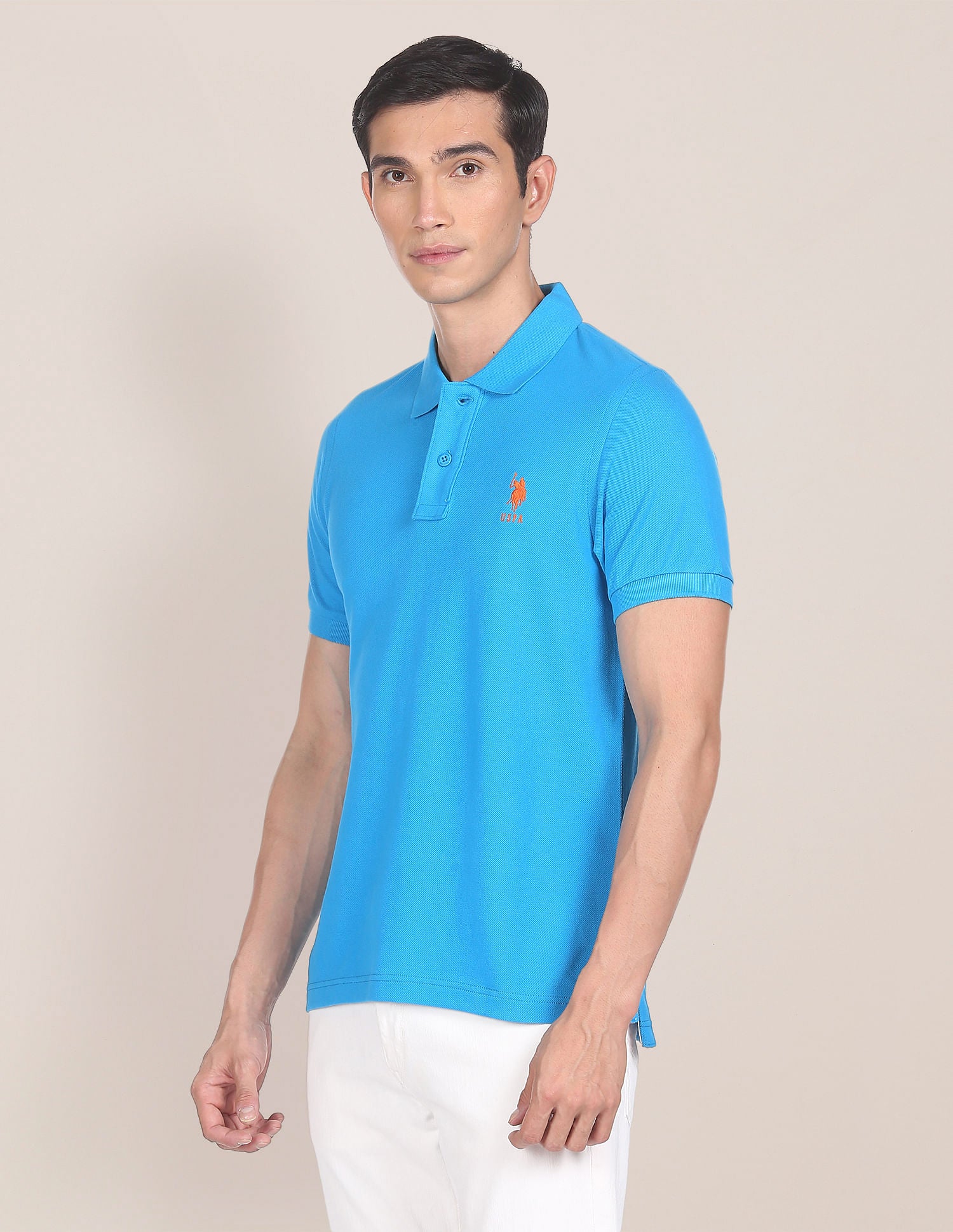 Ribbed Collar Solid Polo Shirt Blue - U.S. POLO ASSN. | Large
