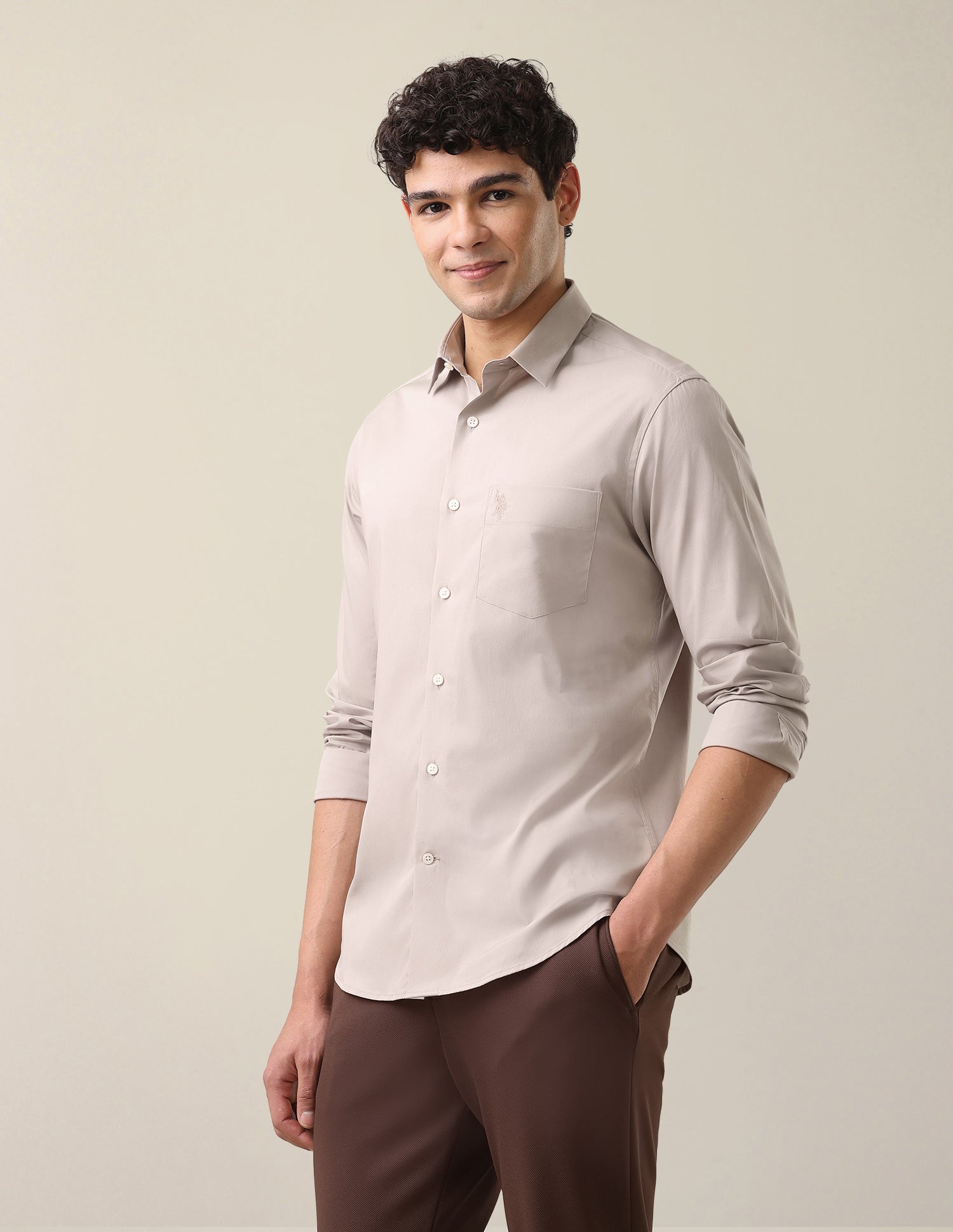 Solid Tailored Fit Shirt Light Beige - U.S. Polo Assn. India | Large
