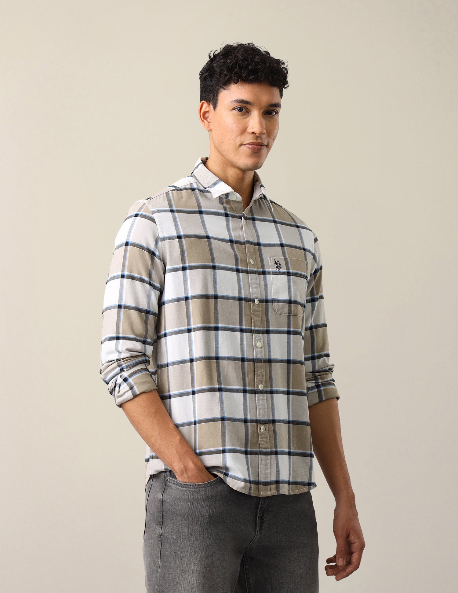 Twill Windowpane Checked Shirt Beige - U.S. Polo Assn. India | Large