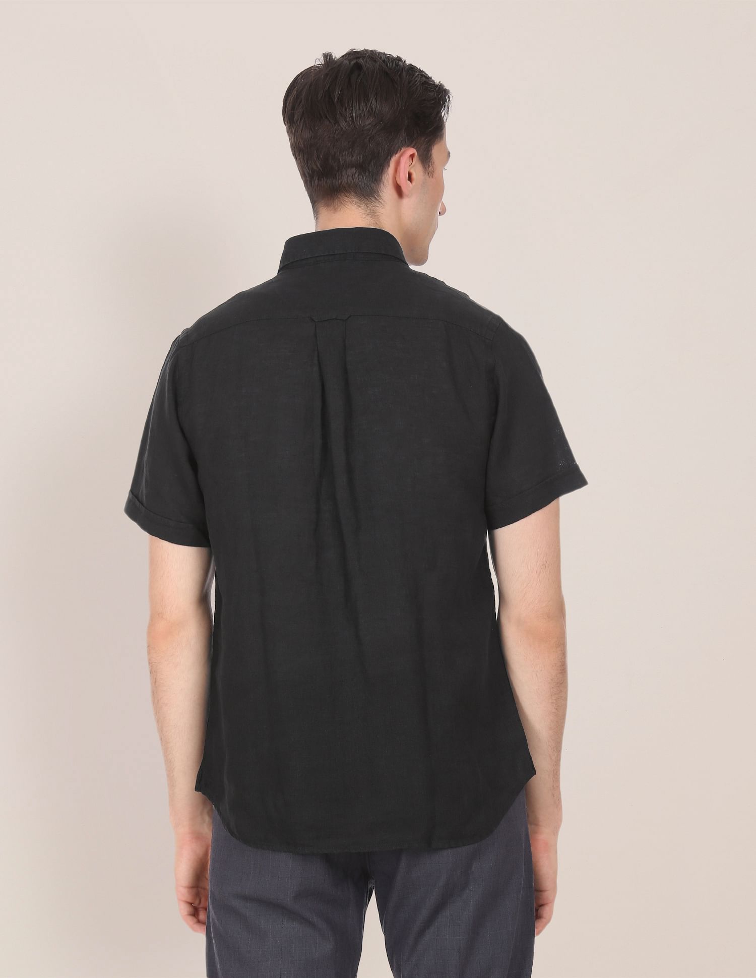 Men Black Short Sleeve Linen Solid Casual Shirt Black - U.S. POLO ASSN. | Large