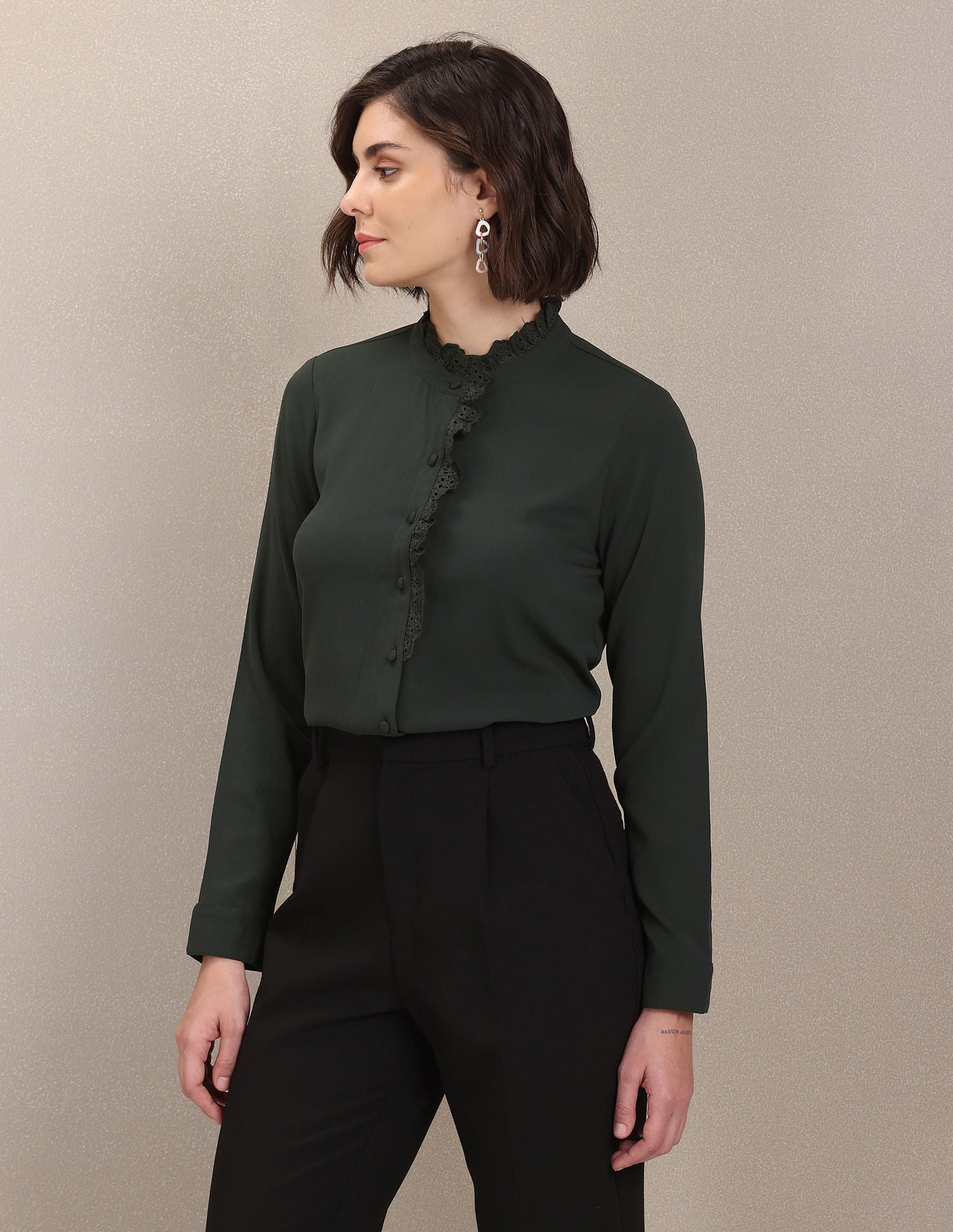 Ruffled Collar Long Sleeve Solid Top Black - U.S. POLO ASSN. | Large