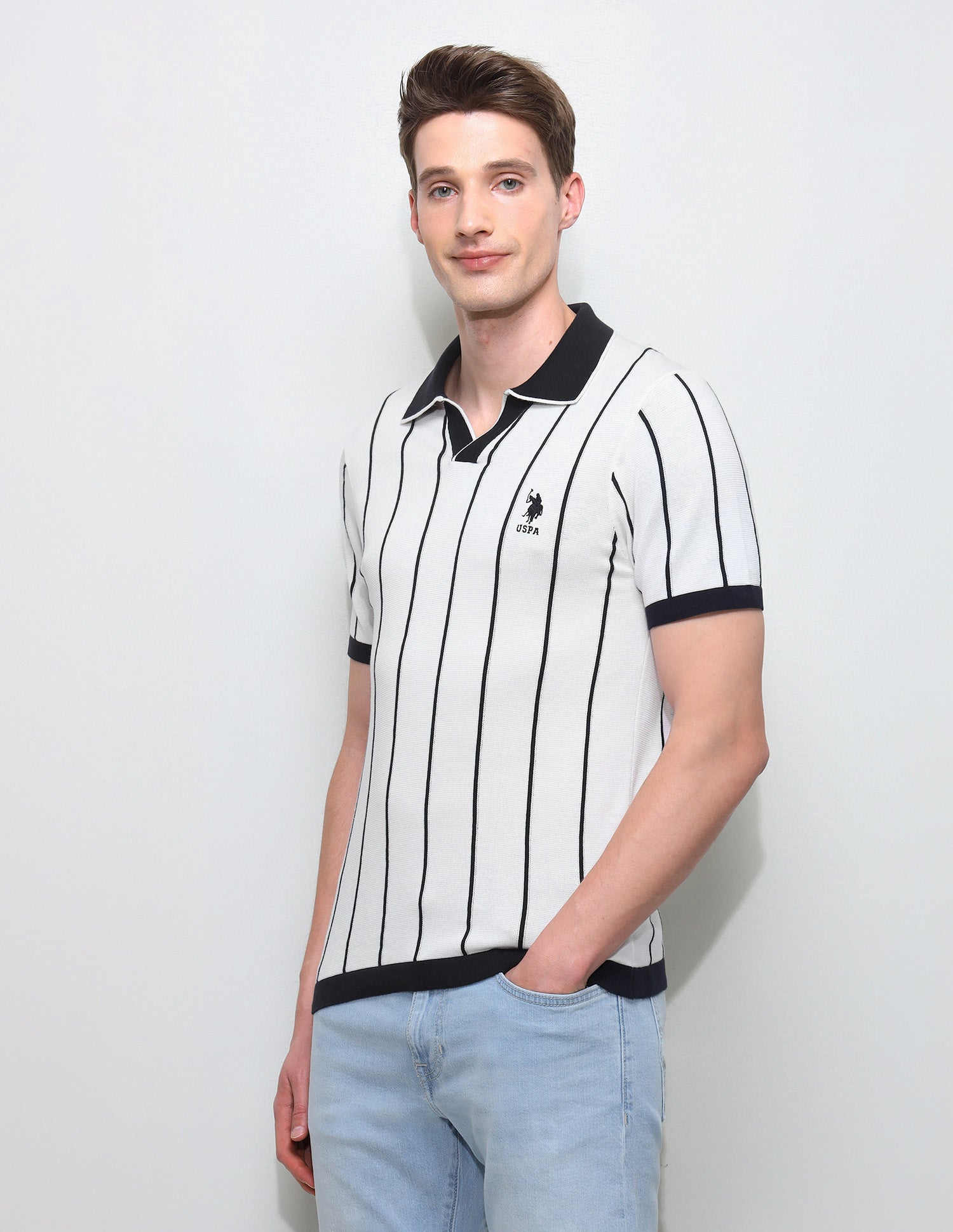 Vertical Striped Slim Fit Polo Shirt Off White - U.S. Polo Assn. India | Large