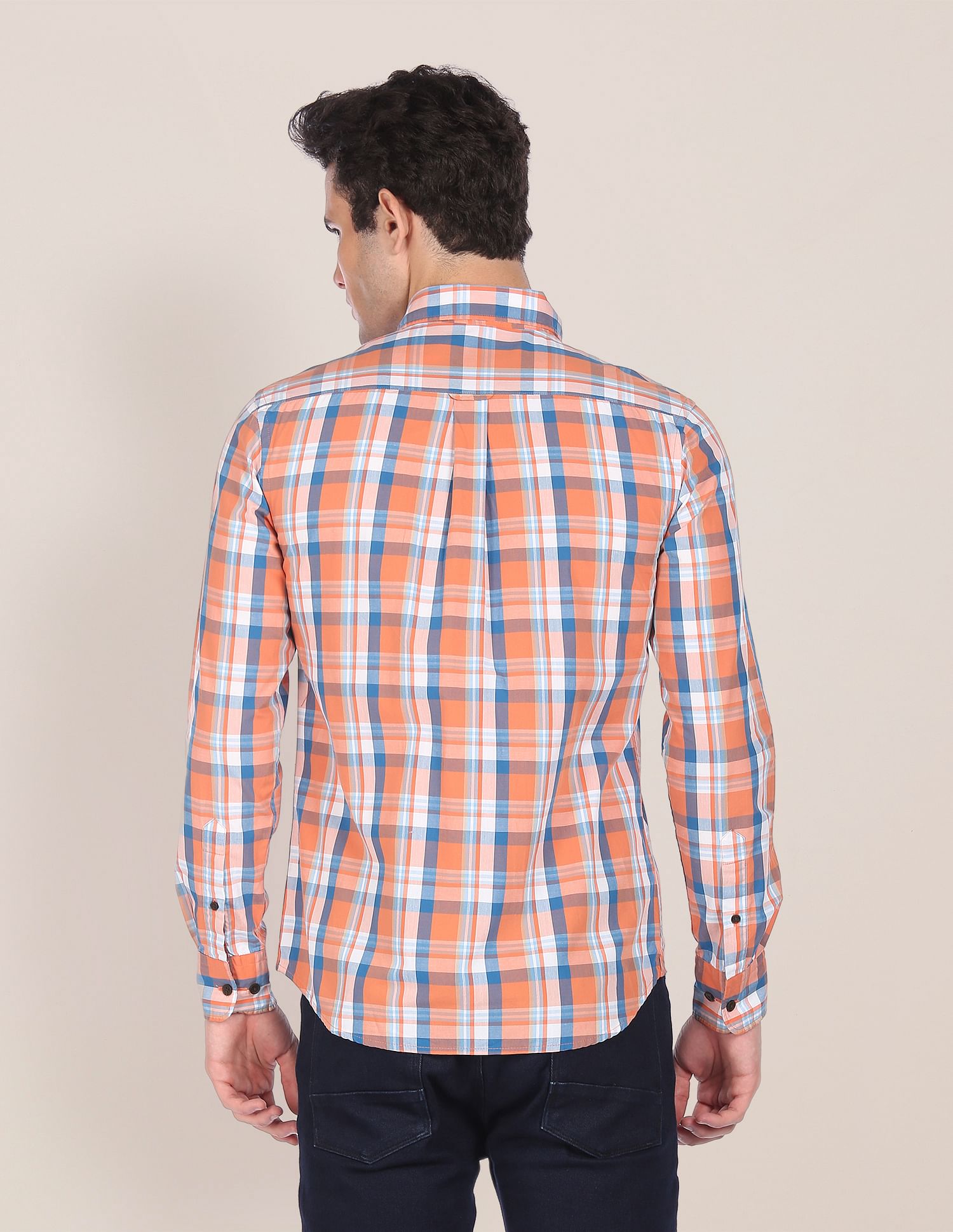 Men Orange Spread Collar Check Casual Shirt Orange - U.S. POLO ASSN. | Large