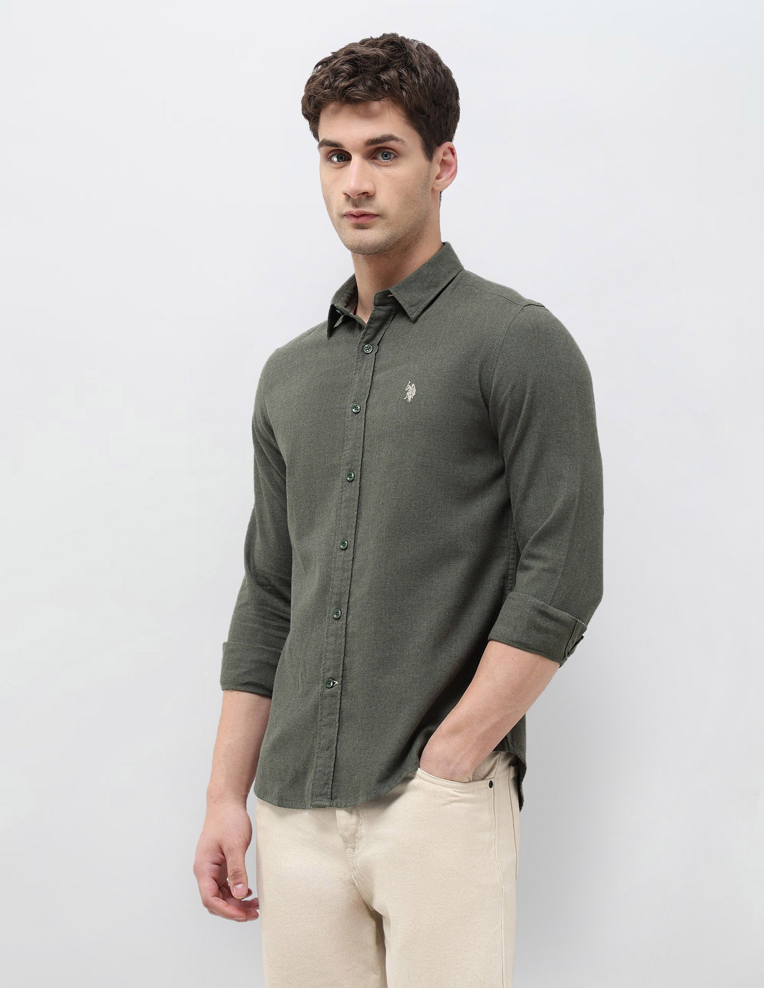 Twill Solid Regular Fit Shirt Light Olive - U.S. POLO ASSN. | Large