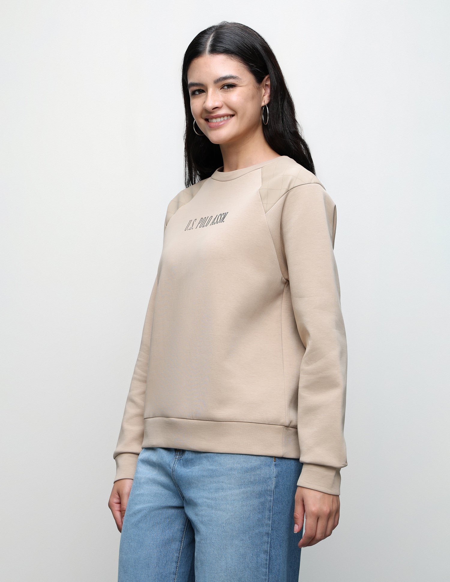 Brand Printed Oversized Fit Sweatshirt Beige - U.S. Polo Assn. India | Large