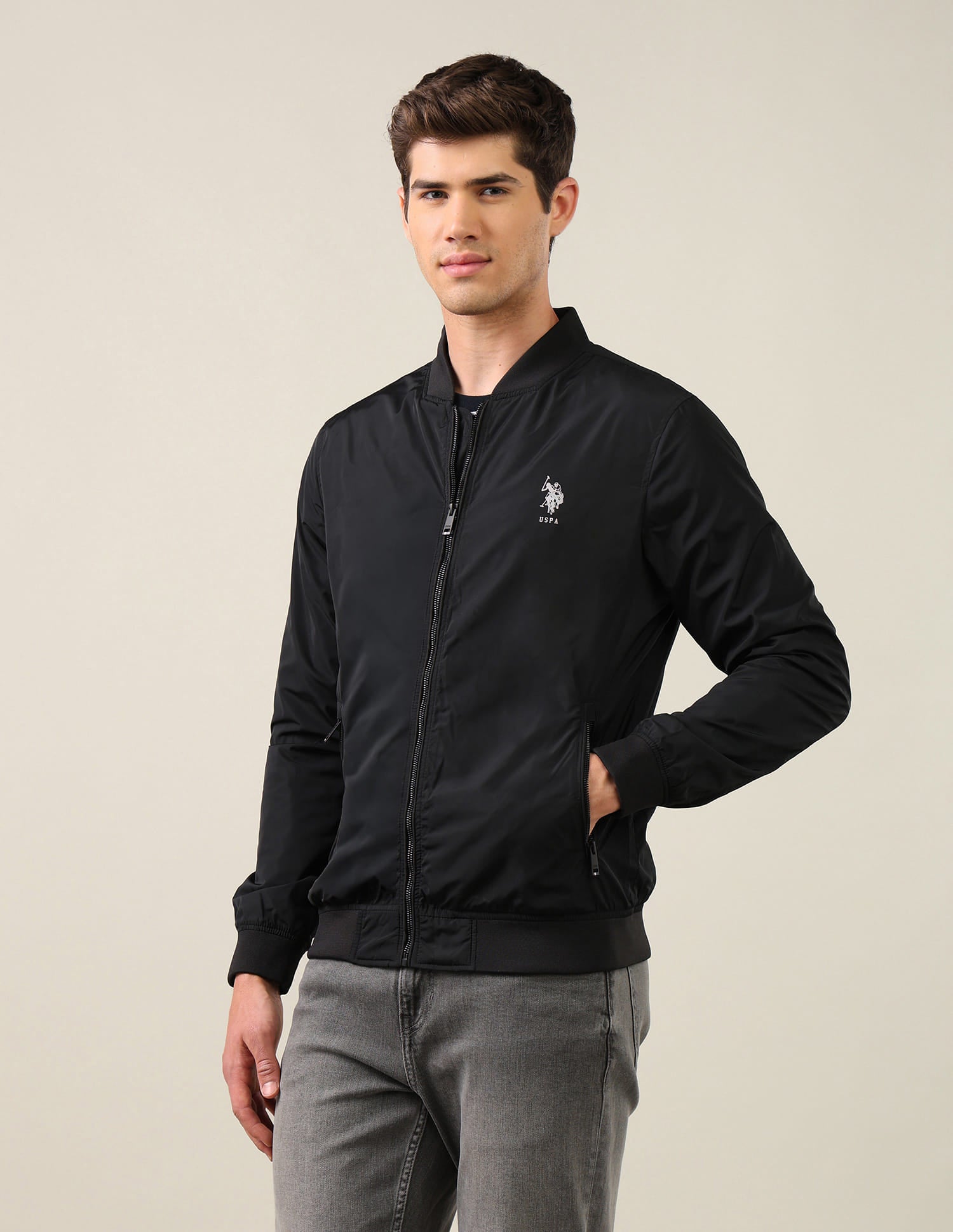 Men Black Solid Stand Collar Bomber Jacket Black - U.S. Polo Assn. India | Large