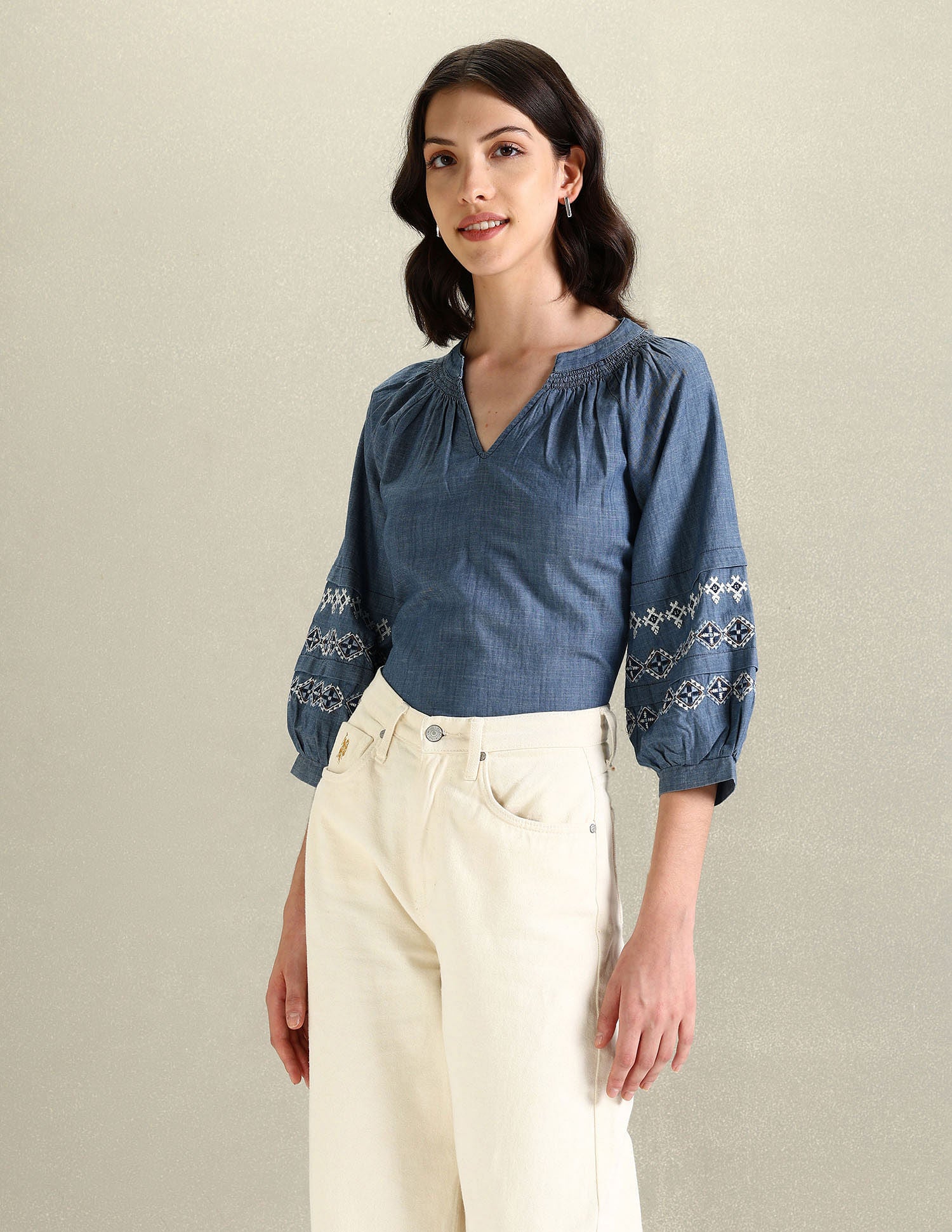 Chambray Embroidered Top Blue - U.S. Polo Assn. India | Large