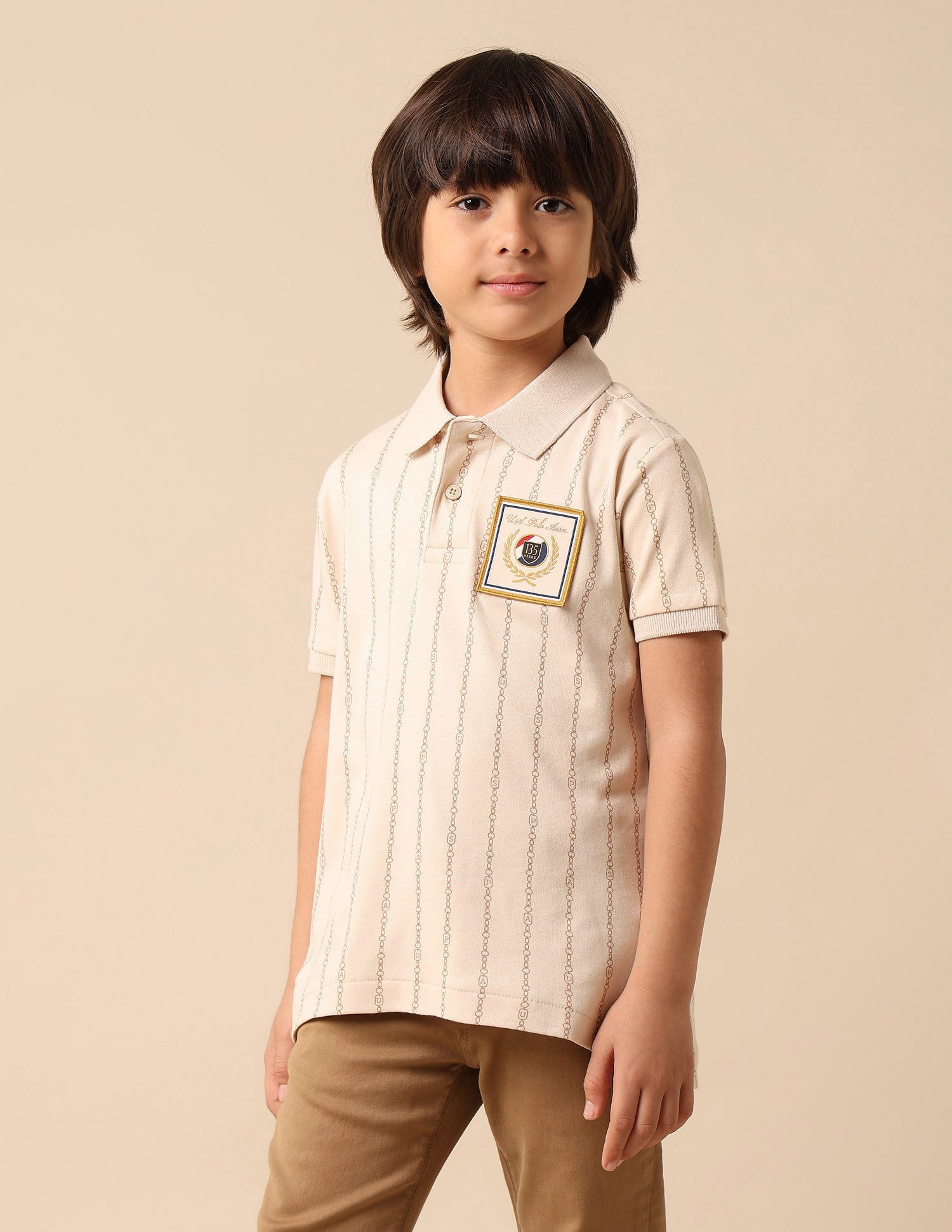 Boys Vertical Striped Regular Fit Polo Shirt Beige - U.S. POLO ASSN. | Large