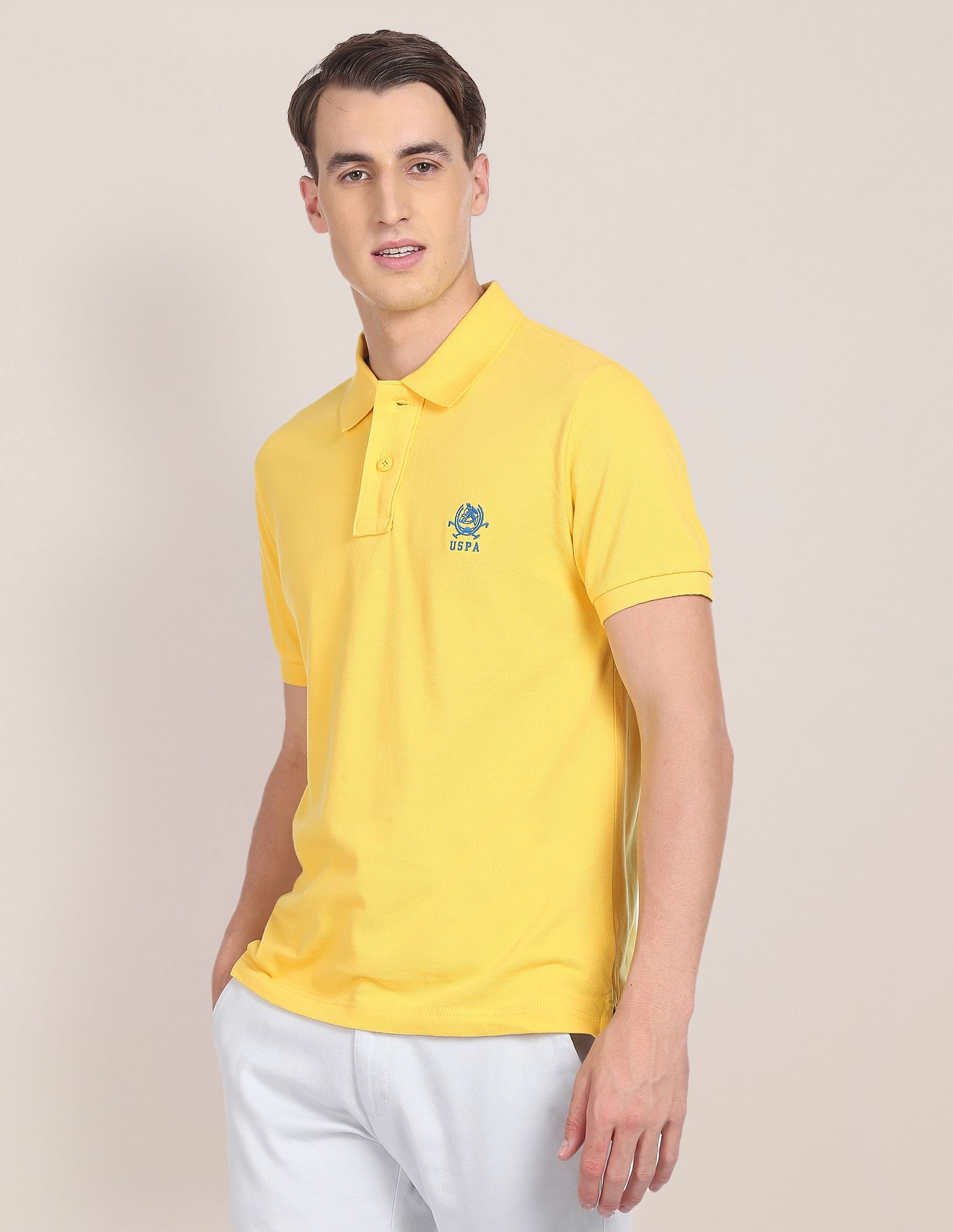 Men Yellow Solid Pique Knit Pure Cotton Polo Shirt Yellow - U.S. POLO ASSN. | Large