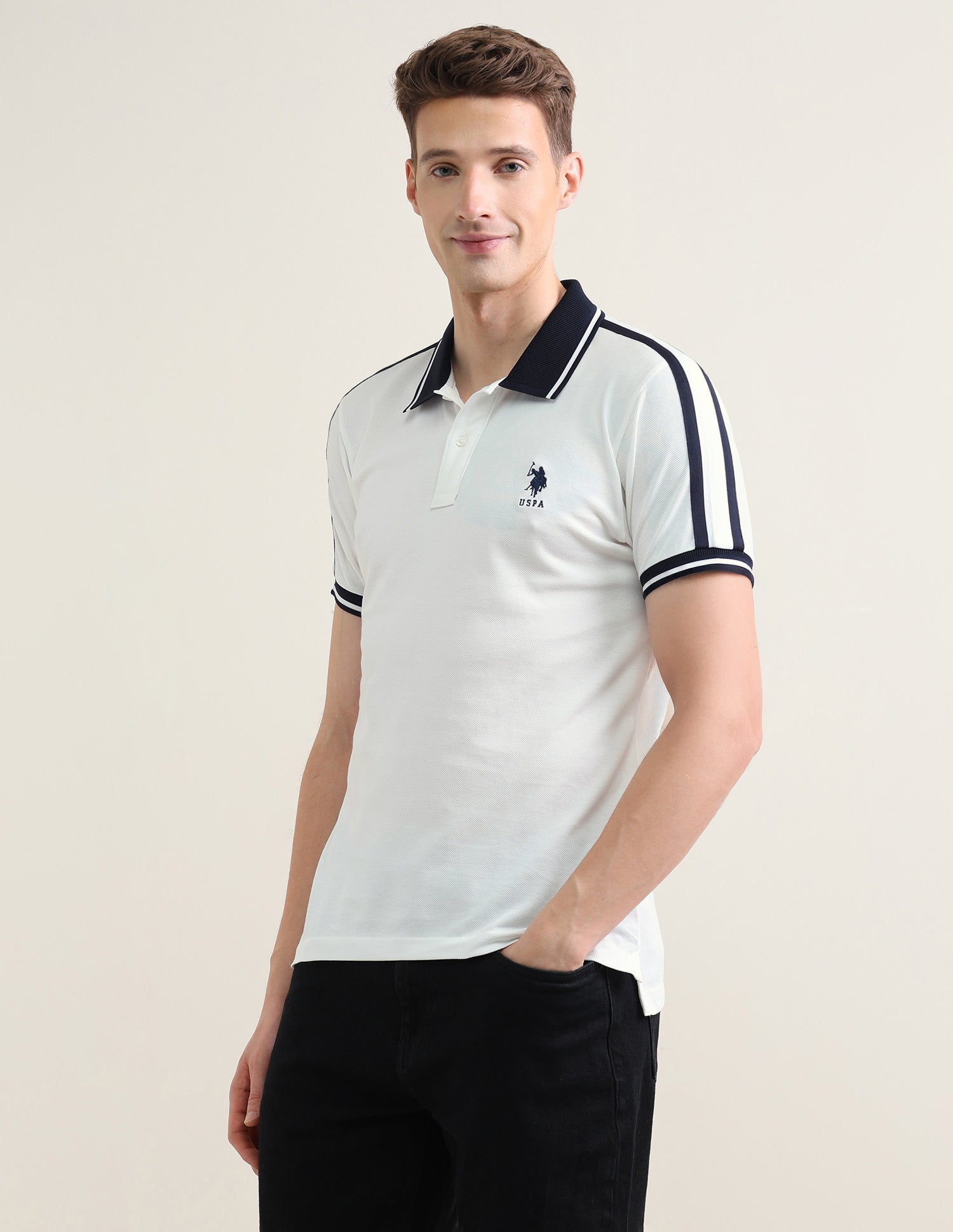 Solid Slim Fit Polo Shirt Off White - U.S. Polo Assn. India | Large