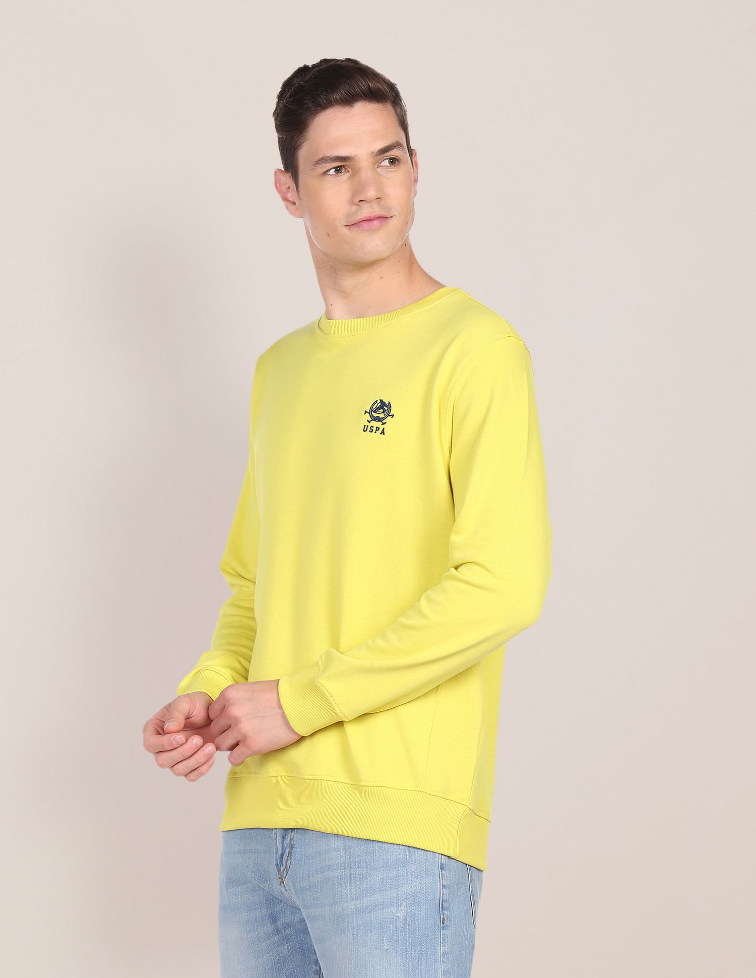 Embroidered Logo Crew Neck Sweatshirt Light Yellow - U.S. POLO ASSN. | Large