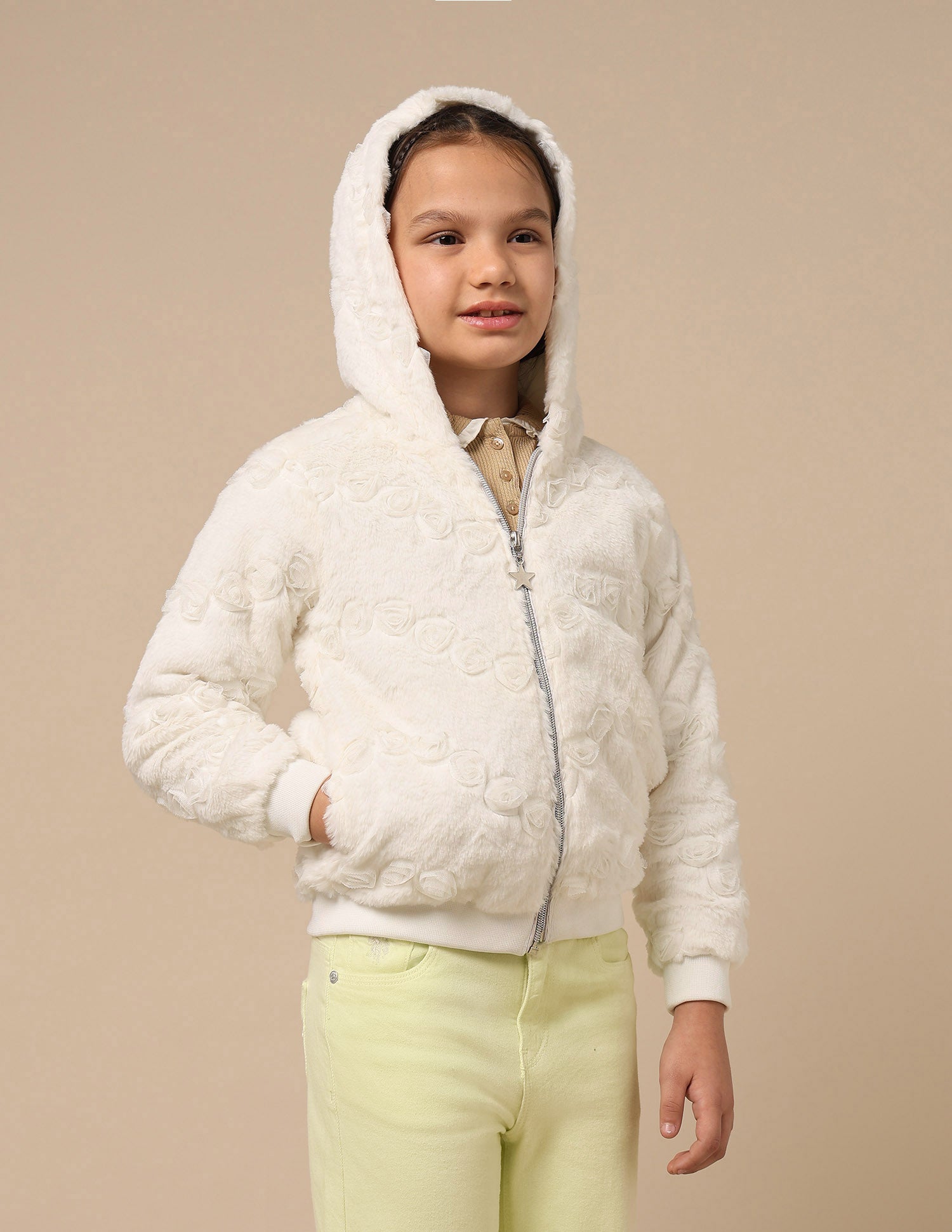 Girls Applique Roses Hooded Jacket Off White - U.S. POLO ASSN. | Large