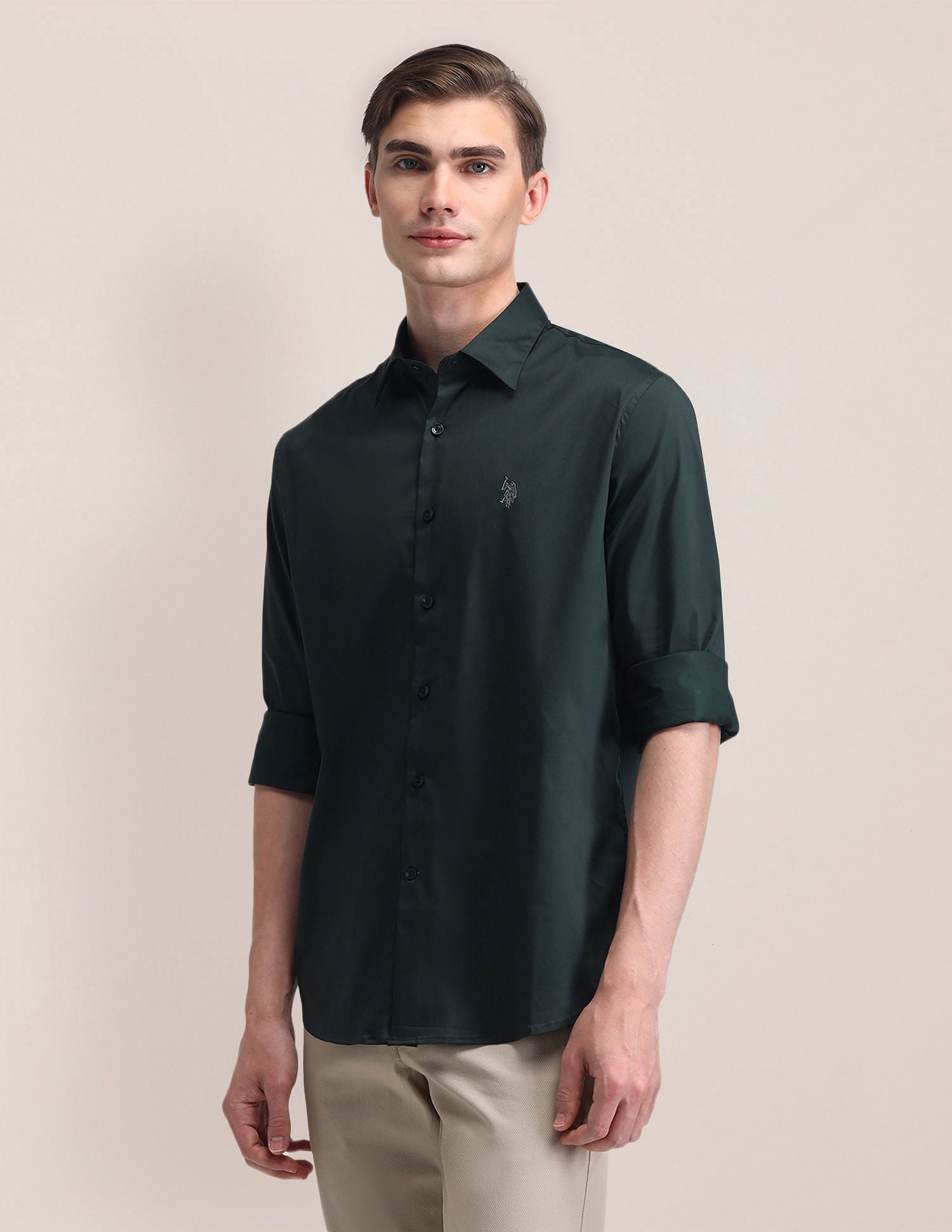 Tailored Fit Solid Twill Shirt Green - U.S. Polo Assn. India | Large