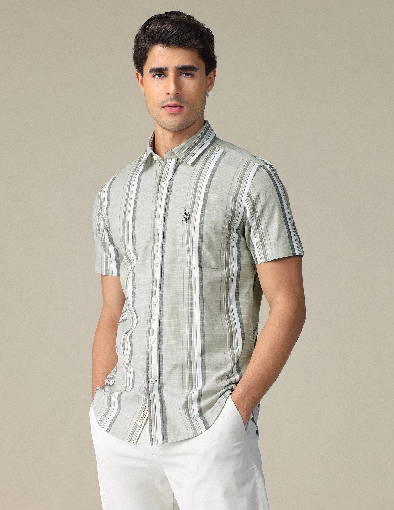 Vertical Striped Pure Cotton Shirt Green - U.S. POLO ASSN. | Large