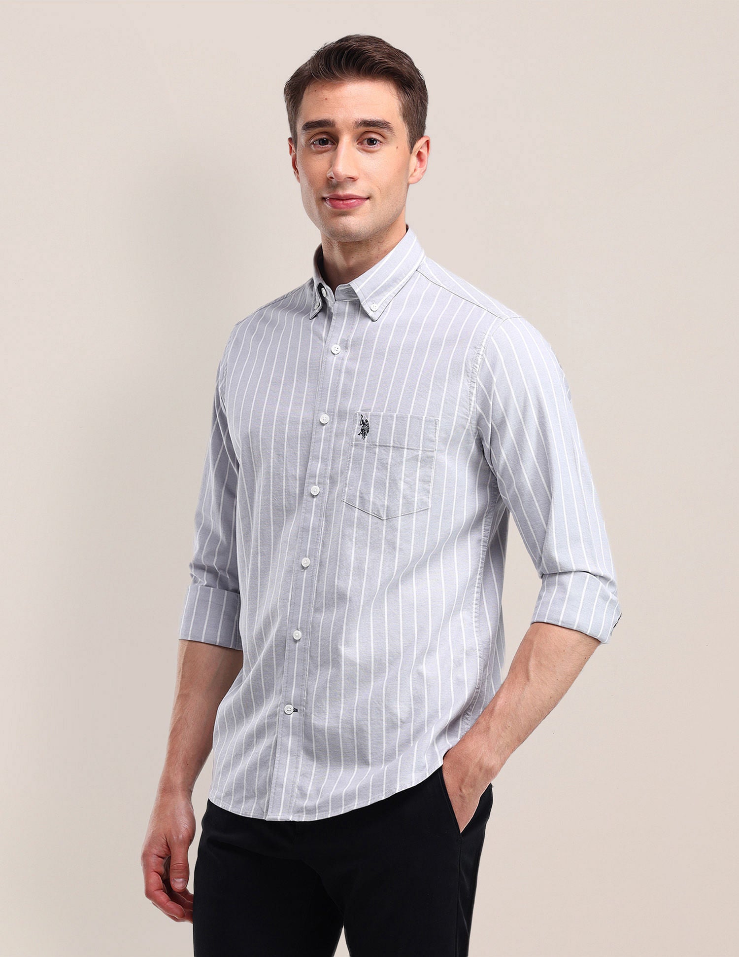 Tailored Fit Vertical Striped Shirt Light-Grey - U.S. Polo Assn. India | Large