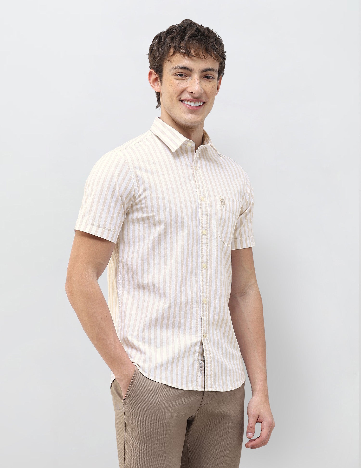 Vertical Striped Regular Fit Shirt Beige - U.S. Polo Assn. India | Large