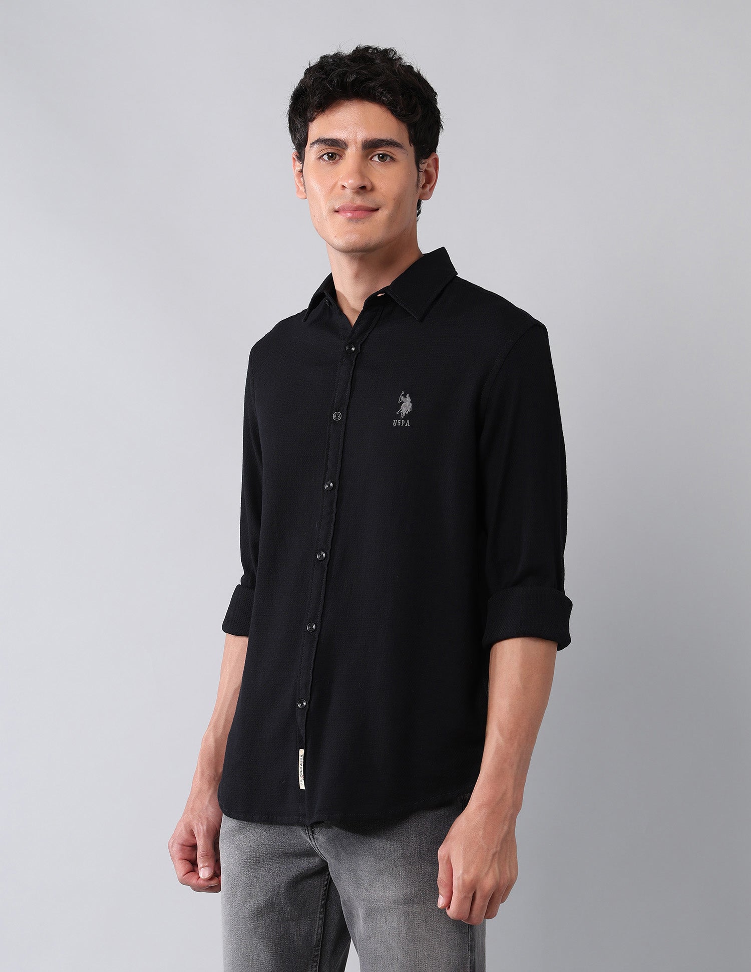 Pure Cotton Regular Fit Dobby Shirt Black - U.S. Polo Assn. India | Large