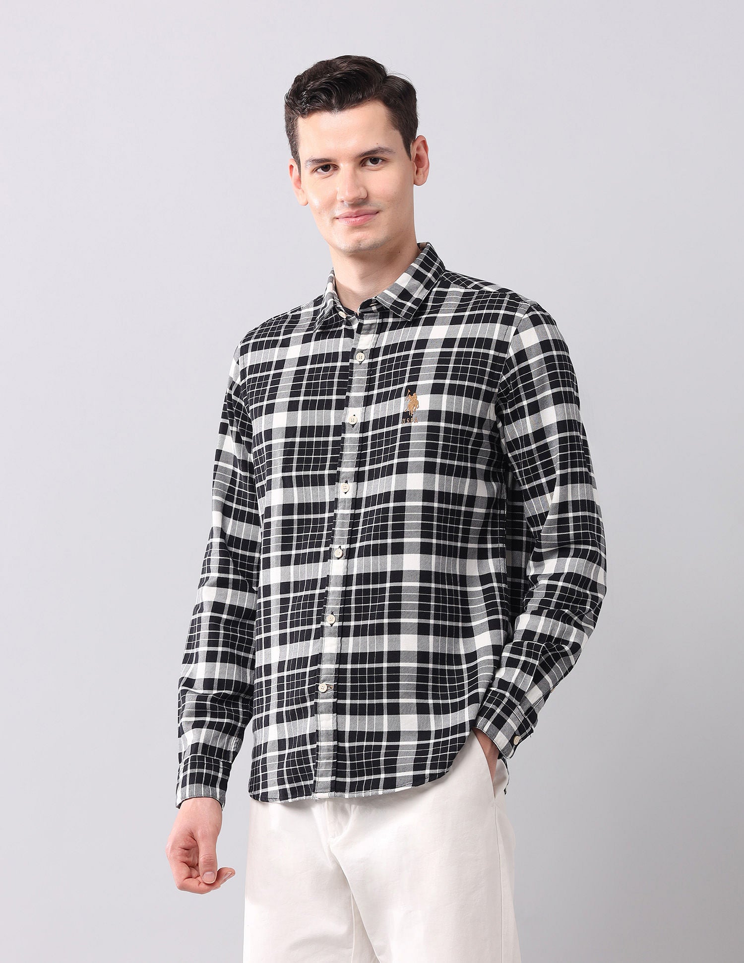 Tartan Checked Pure Cotton Shirt Black - U.S. POLO ASSN. | Large