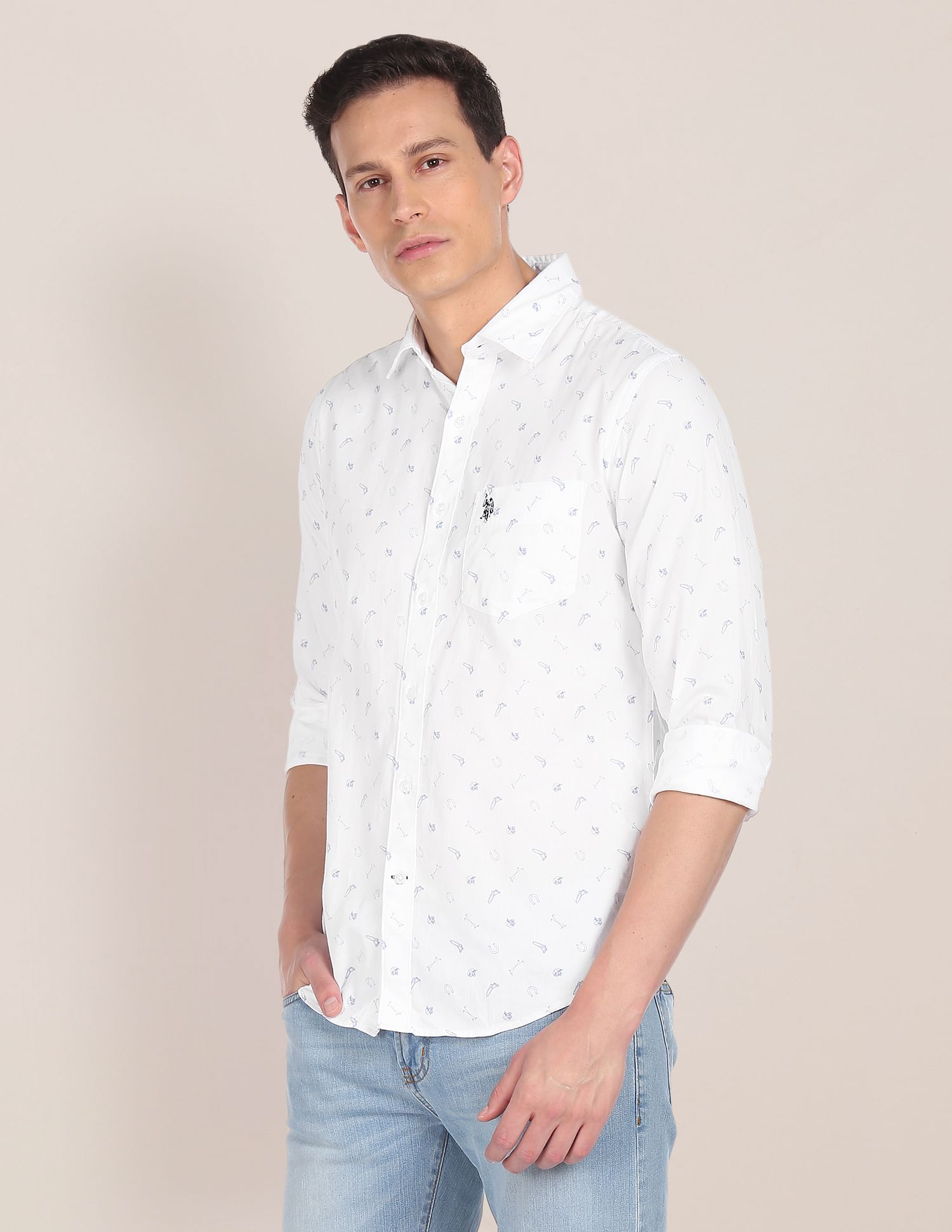 Men White Premium Cotton Printed Casual Shirt White - U.S. Polo Assn. India | Large