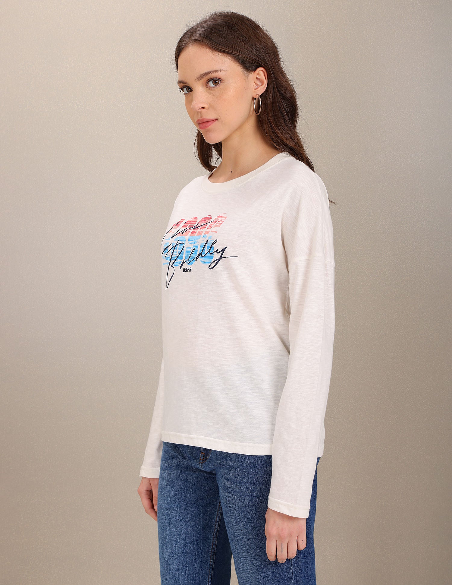 Long Sleeve Typography Print T-Shirt Off White - U.S. POLO ASSN. | Large