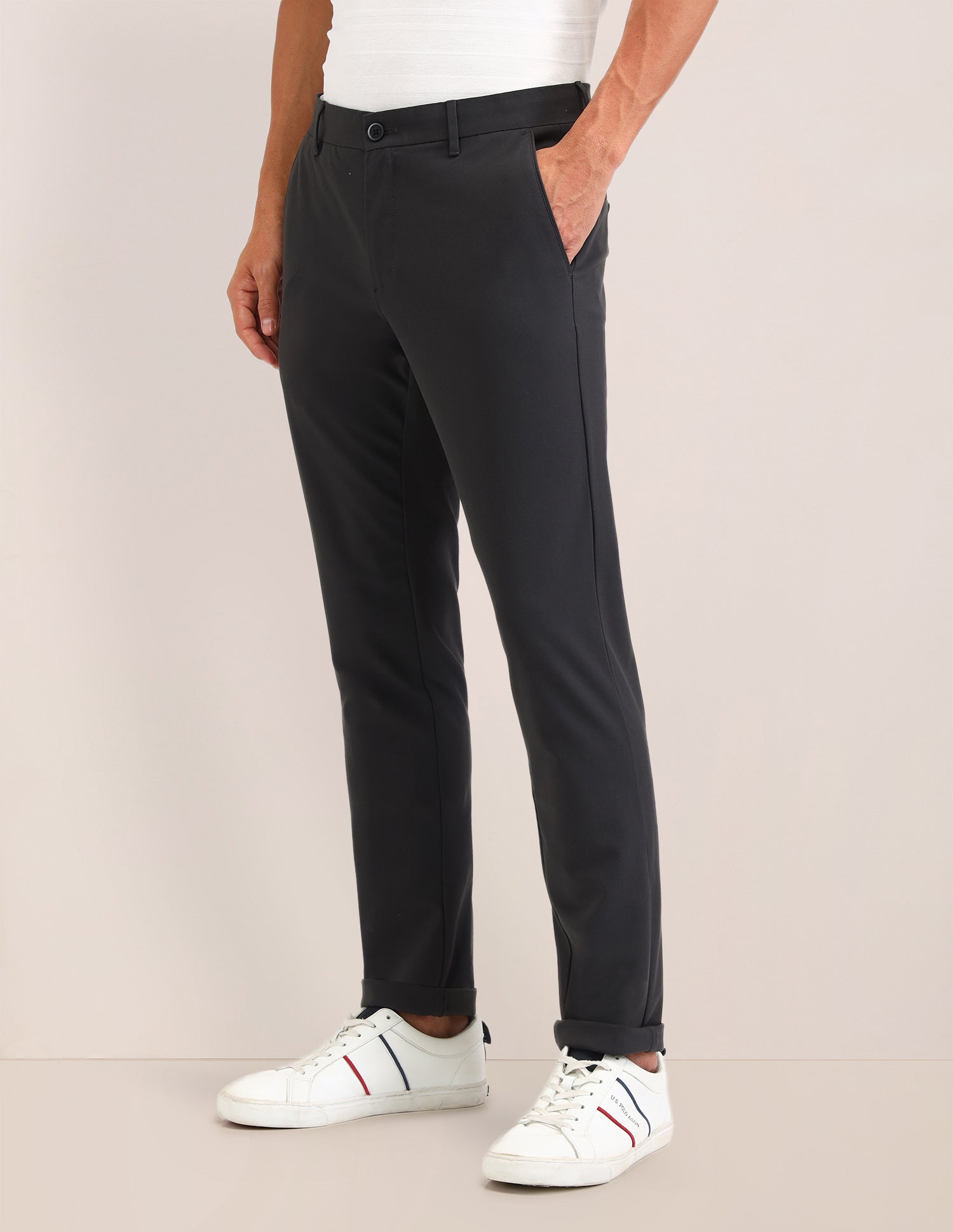 Austin Slim Fit Solid Trousers Charcoal - U.S. Polo Assn. India | Large