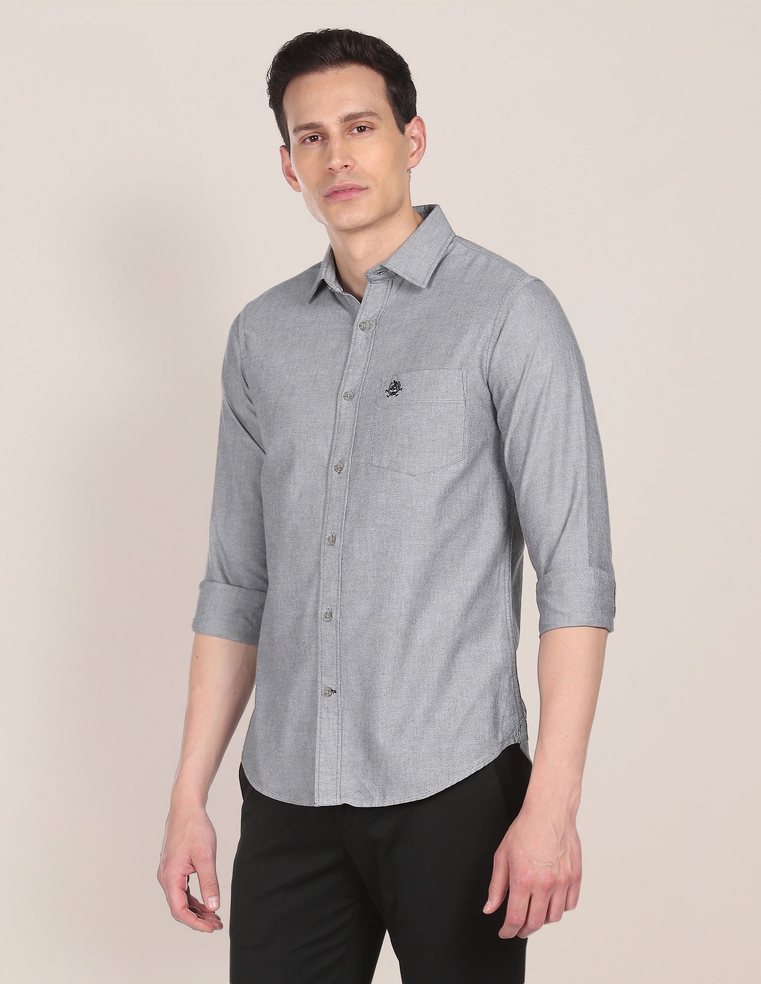 Rounded Cuff Cotton Solid Casual Shirt Grey - U.S. Polo Assn. India | Large