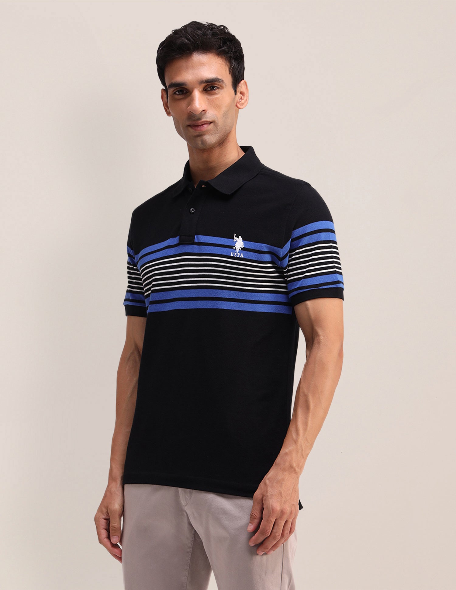 Horizontal Striped Cotton Polo Shirt Black - U.S. Polo Assn. India | Large