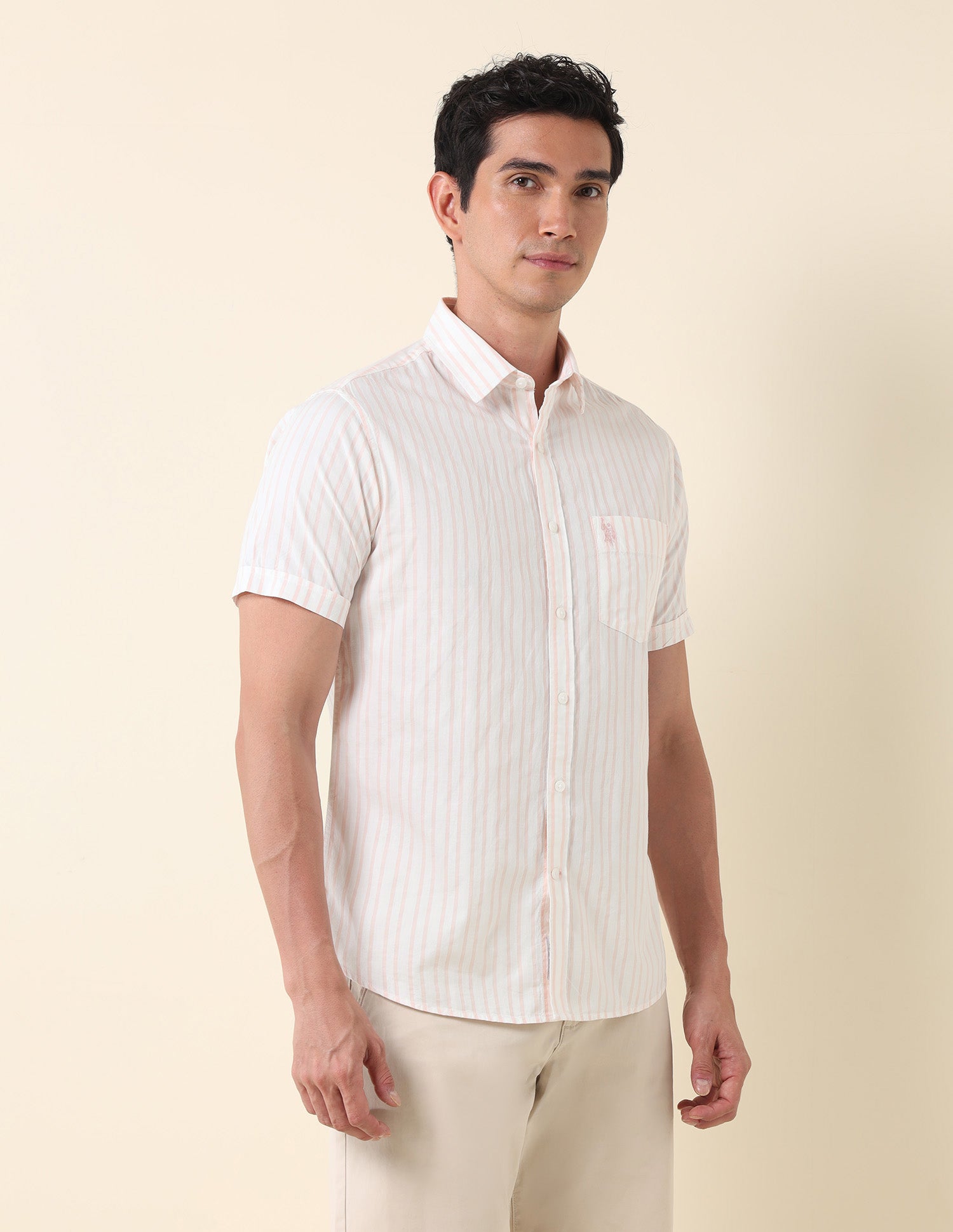 Vertical Striped Tailored Fit Shirt Peach - U.S. Polo Assn. India | Large