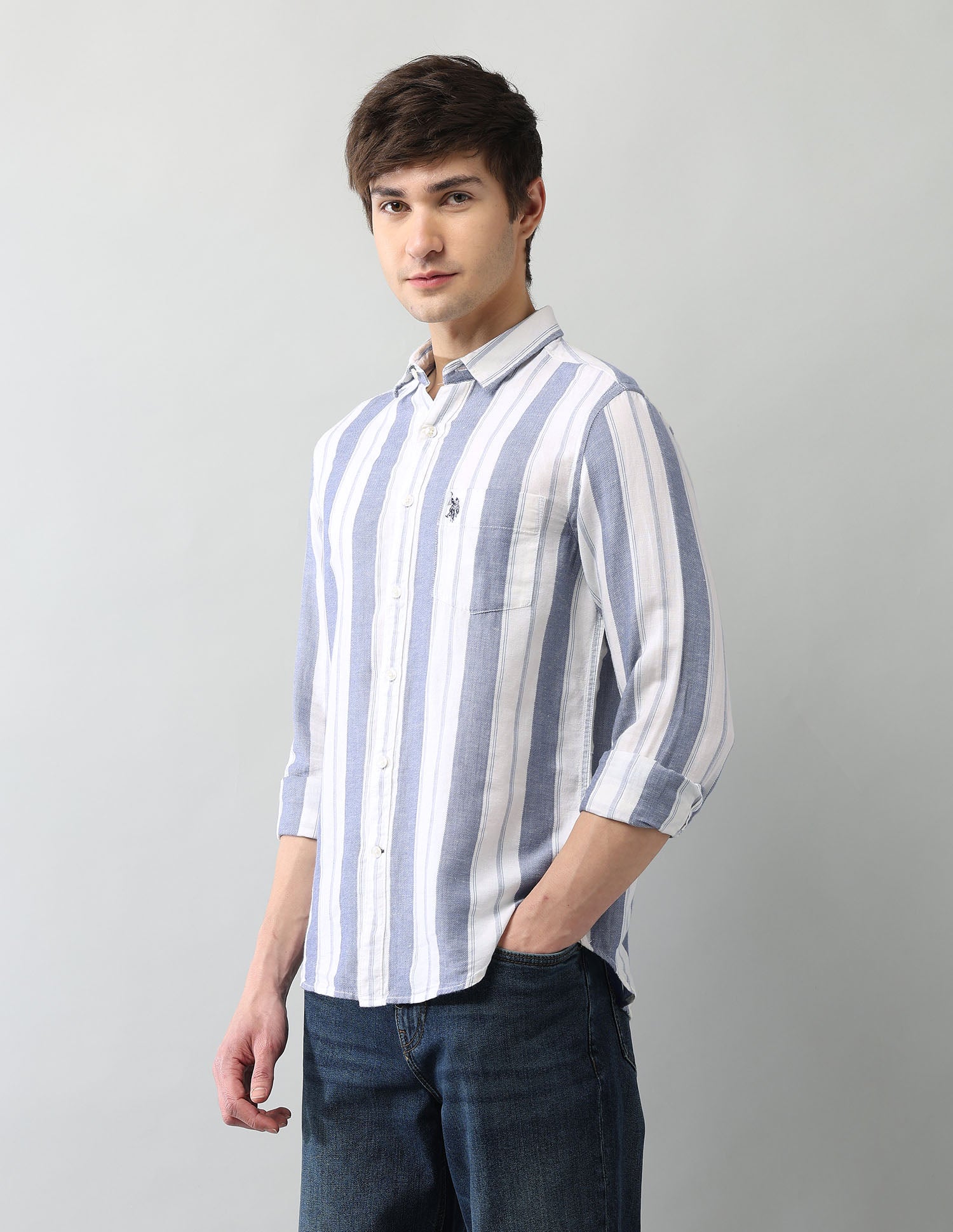 Vertical Striped Regular Fit Dobby Shirt Blue - U.S. Polo Assn. India | Large