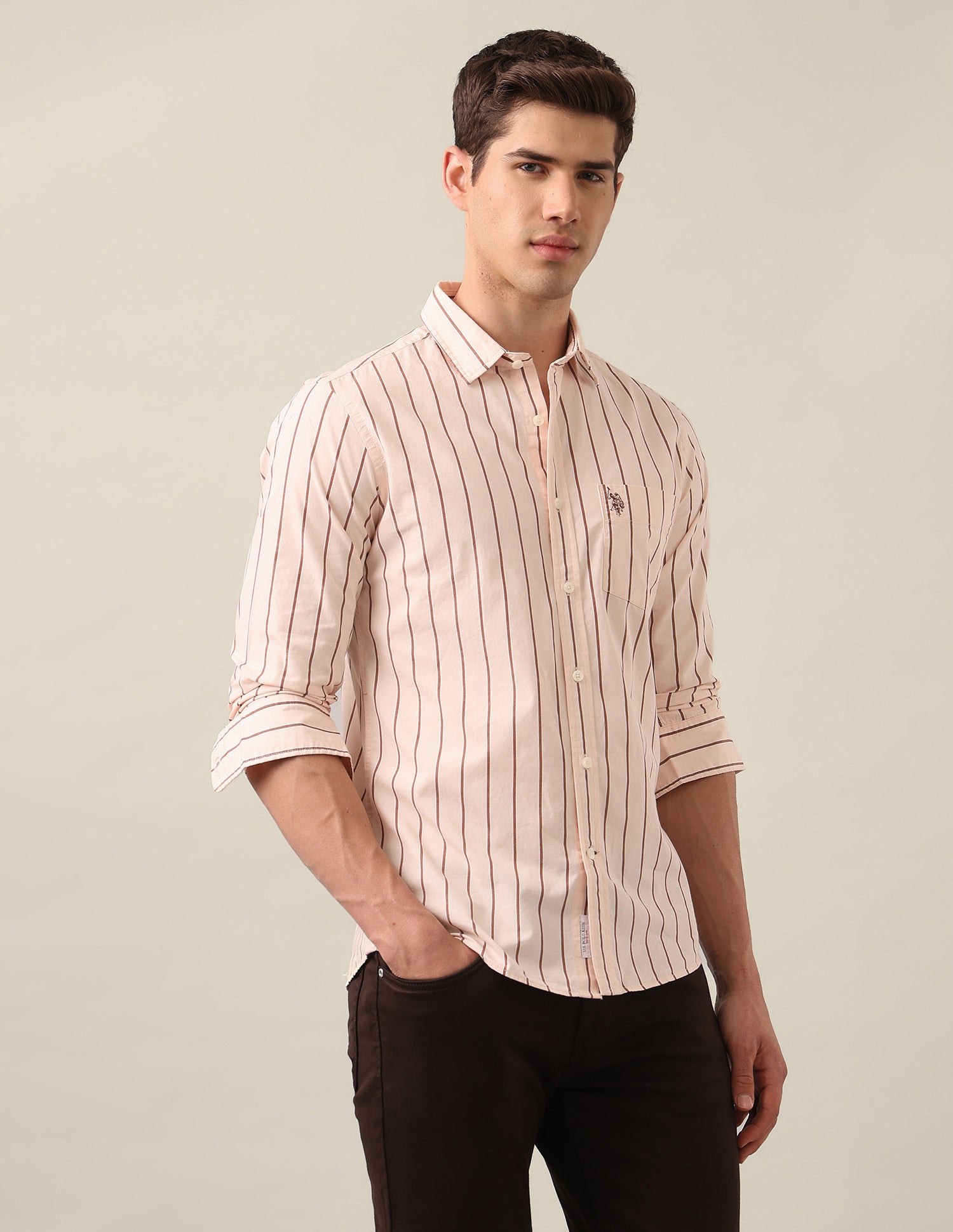 Tailored Fit Vertical Striped Shirt Peach - U.S. Polo Assn. India | Large