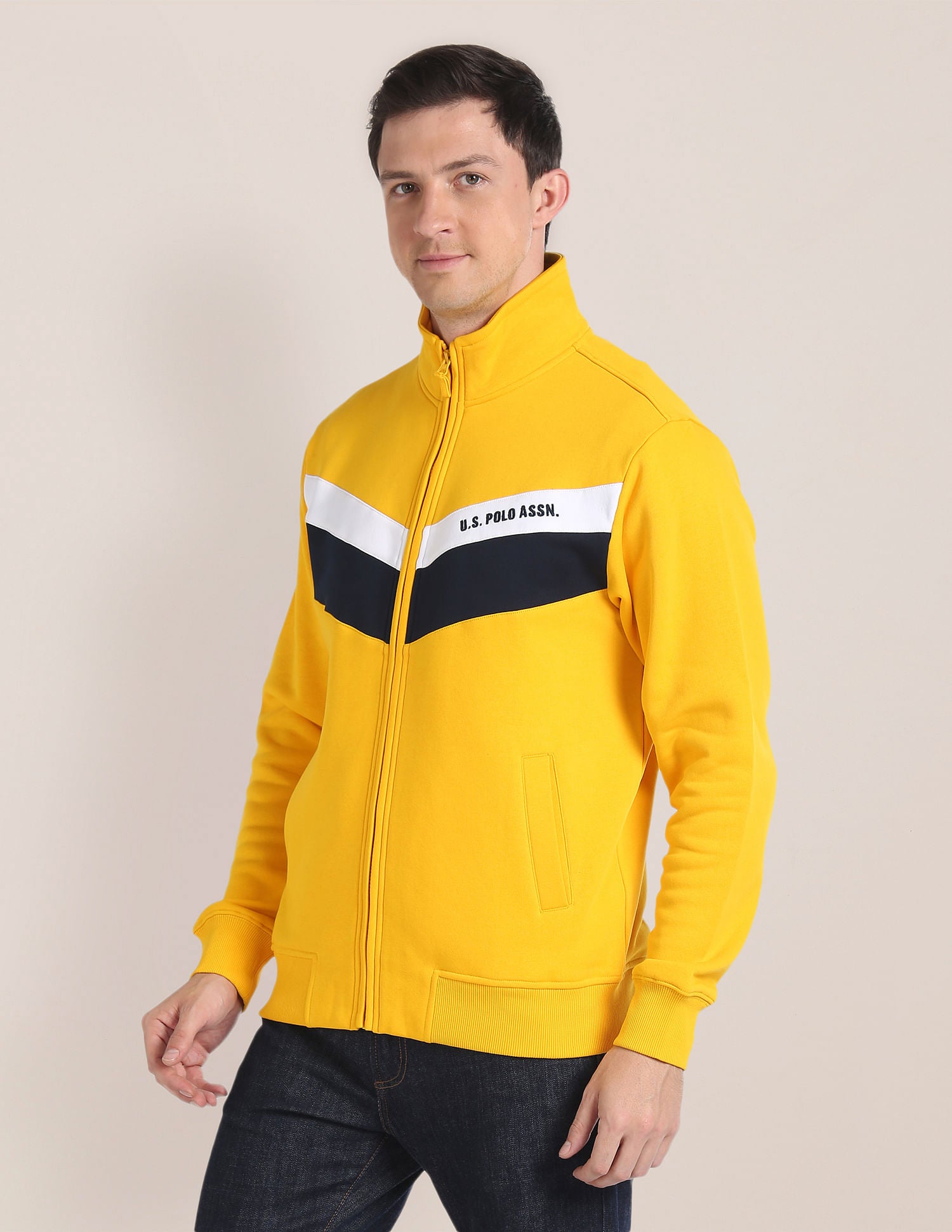 High Neck Brand Striped Sweatshirt Yellow - U.S. POLO ASSN. | Large