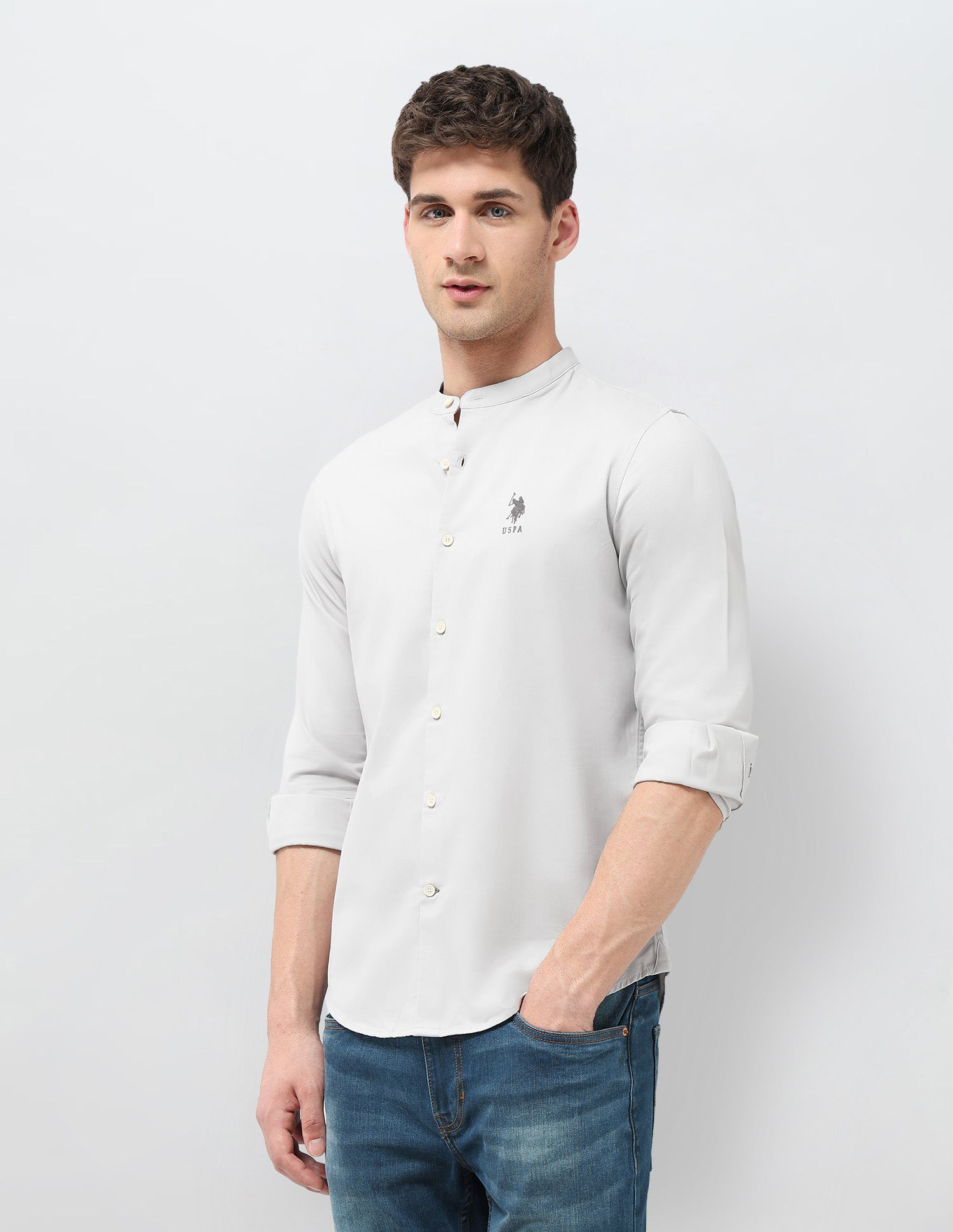 Solid Regular Fit Mandarin Shirt Grey - U.S. Polo Assn. India | Large