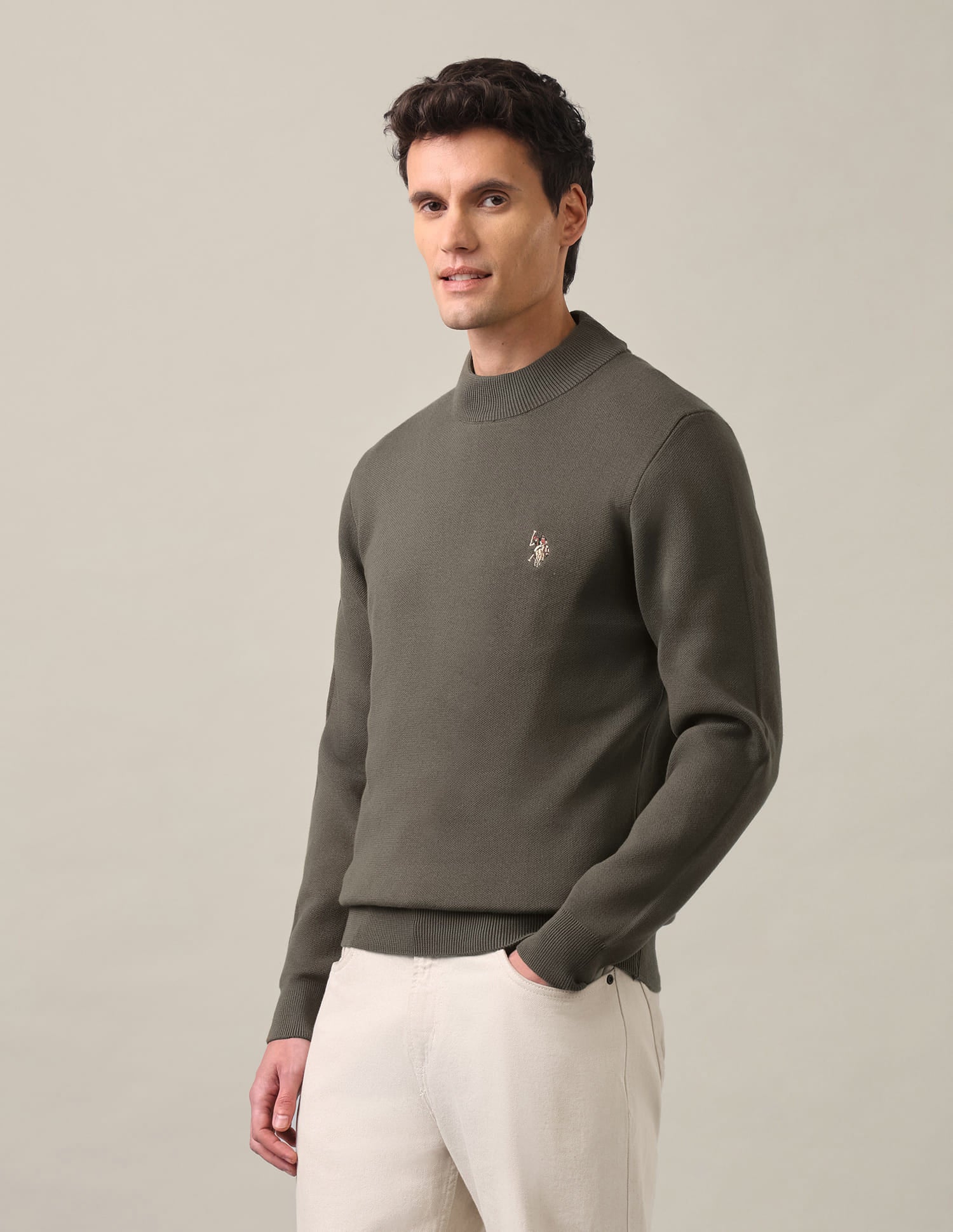 Regular Fit Solid Sweater Olive - U.S. Polo Assn. India | Large