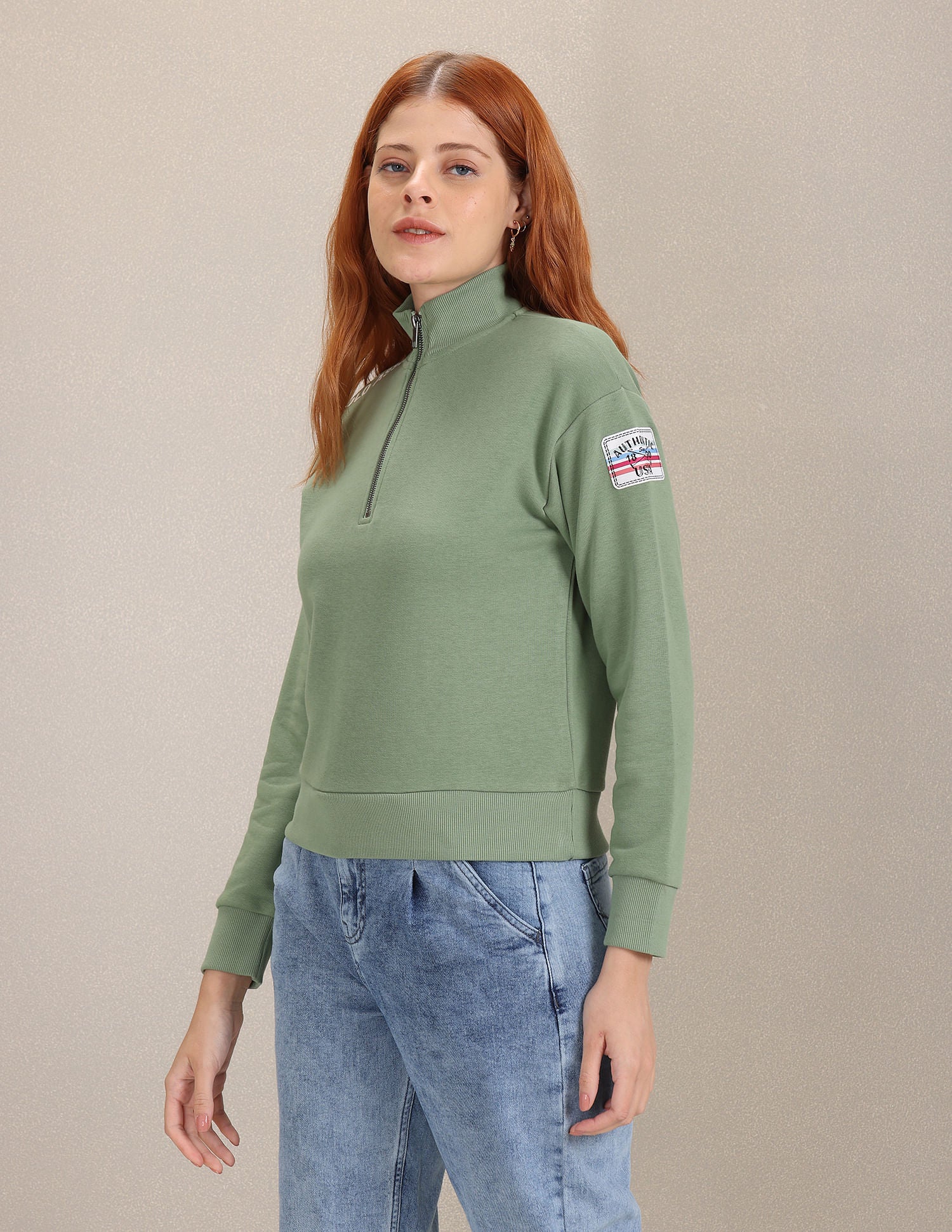 High Neck Solid Sweatshirt Sage Green - U.S. Polo Assn. India | Large