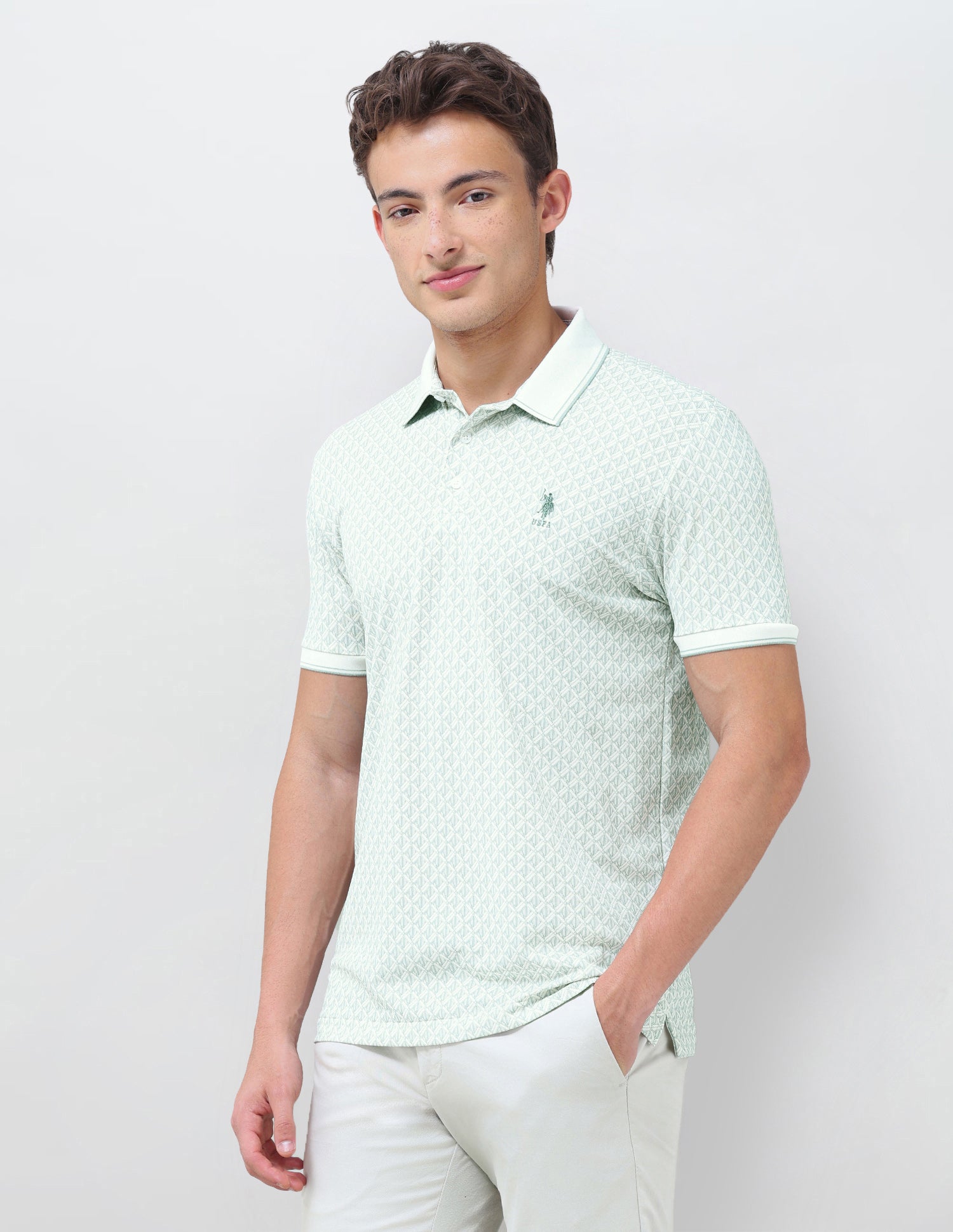 Geometric Printed Slim Fit Polo Shirt Light Green - U.S. Polo Assn. India | Large