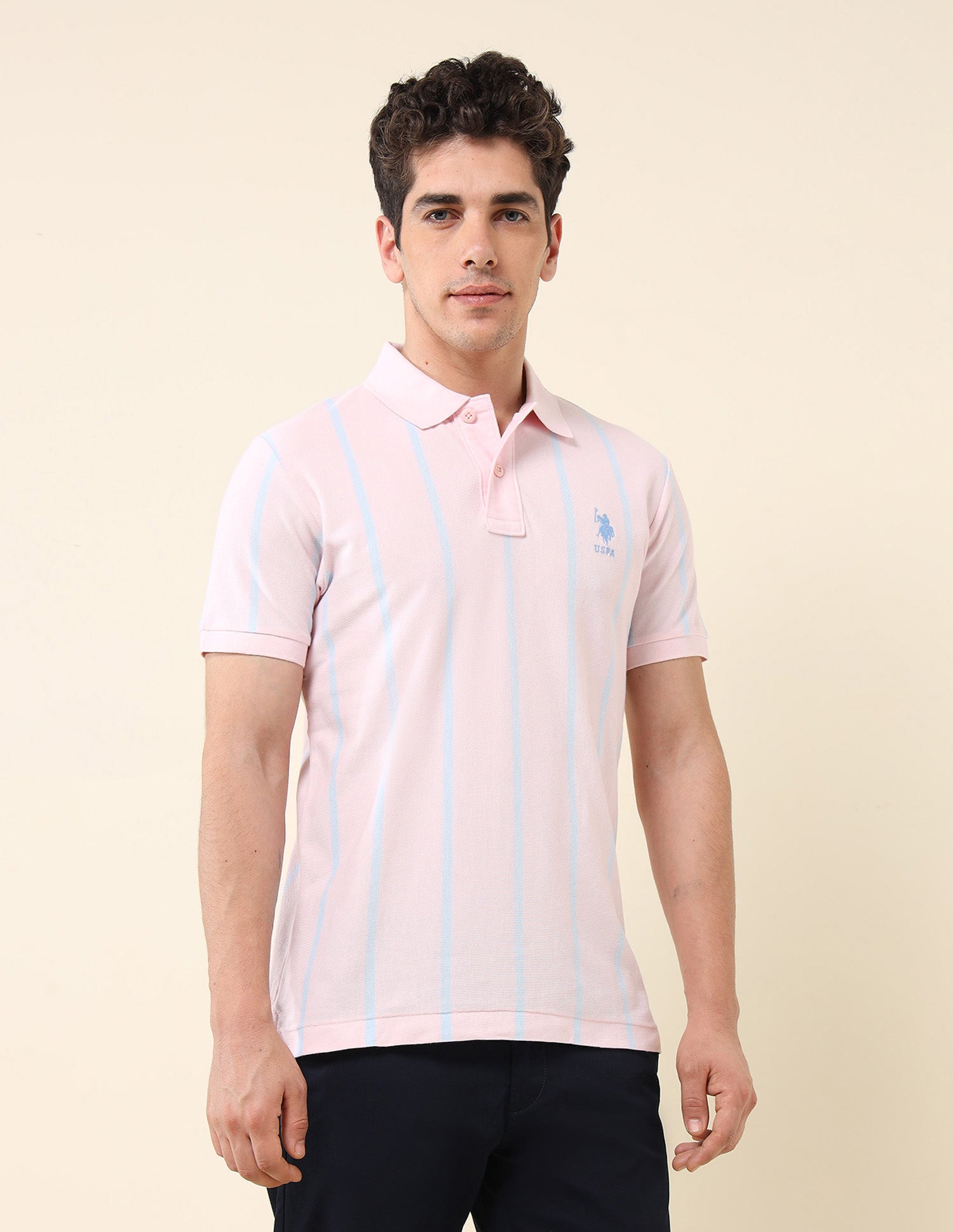 Vertical Striped Pure Cotton Polo Shirt Light Pink - U.S. Polo Assn. India | Large