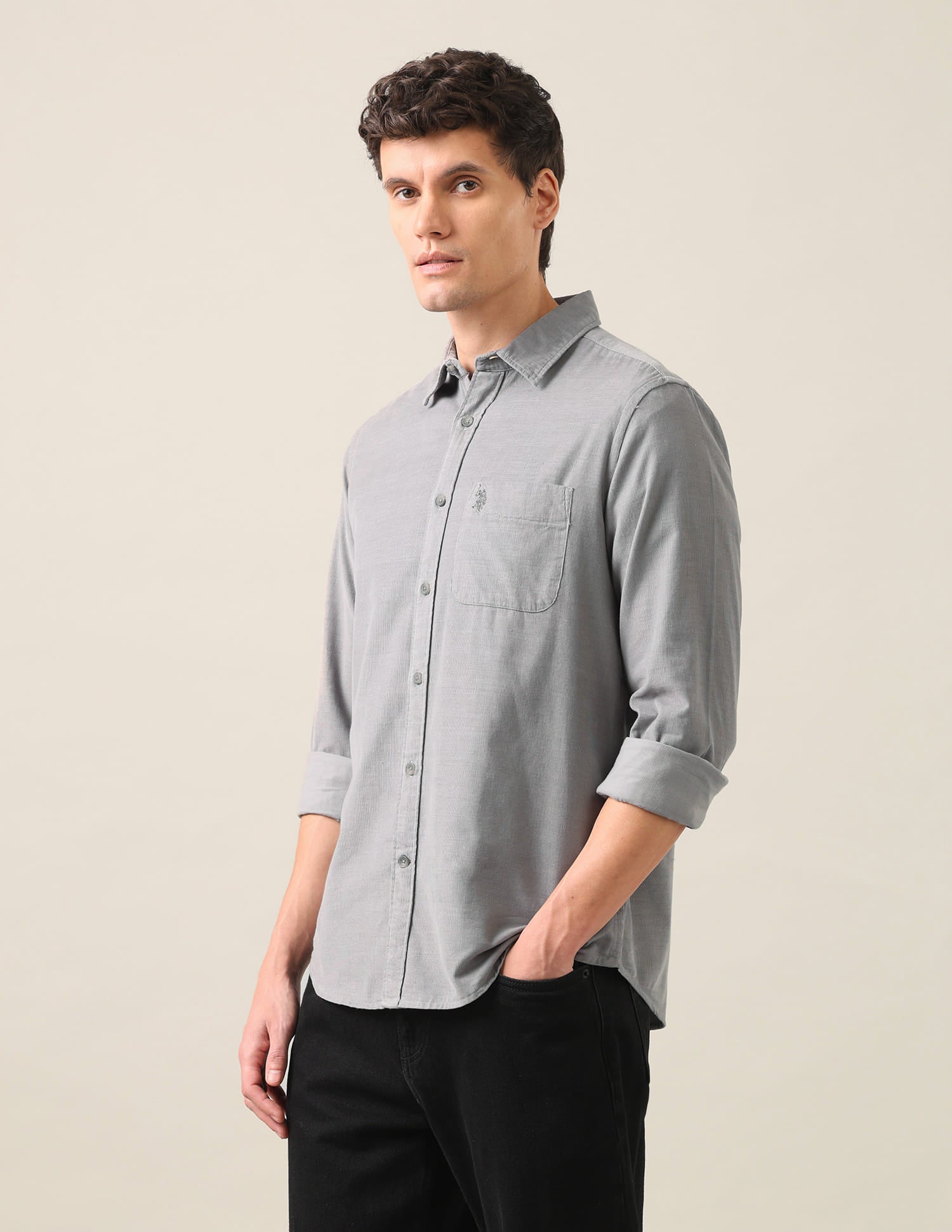 Solid Corduroy Shirt Light Grey - U.S. Polo Assn. India | Large