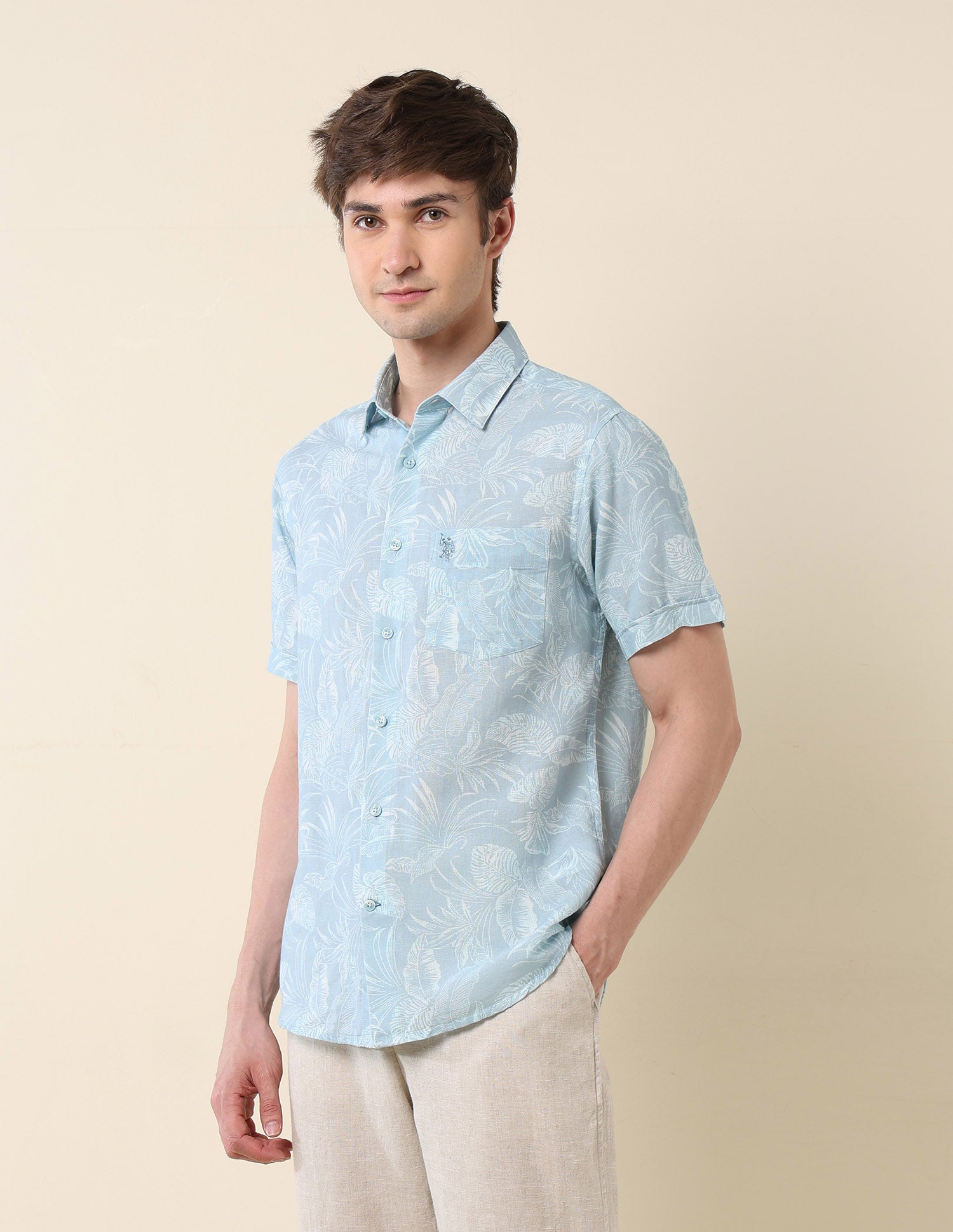 Tropical Printed Tailored Fit Shirt Aqua - U.S. Polo Assn. India | Large