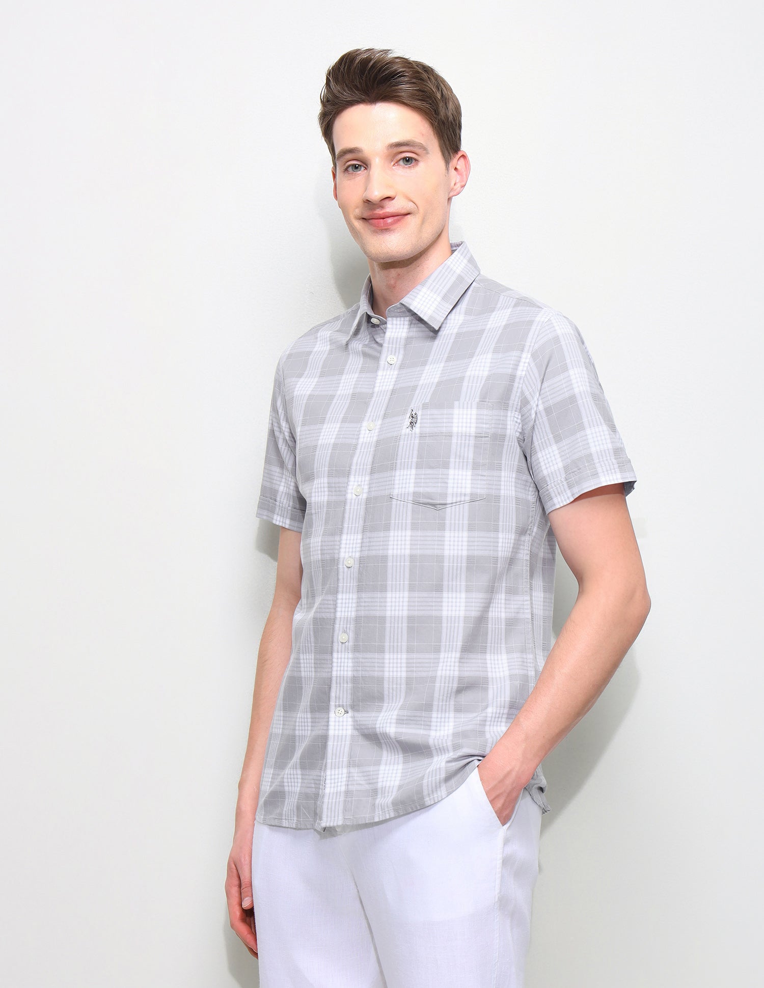 Twill Regular Fit Grid Tattersall Checked Shirt Light Grey - U.S. Polo Assn. India | Large