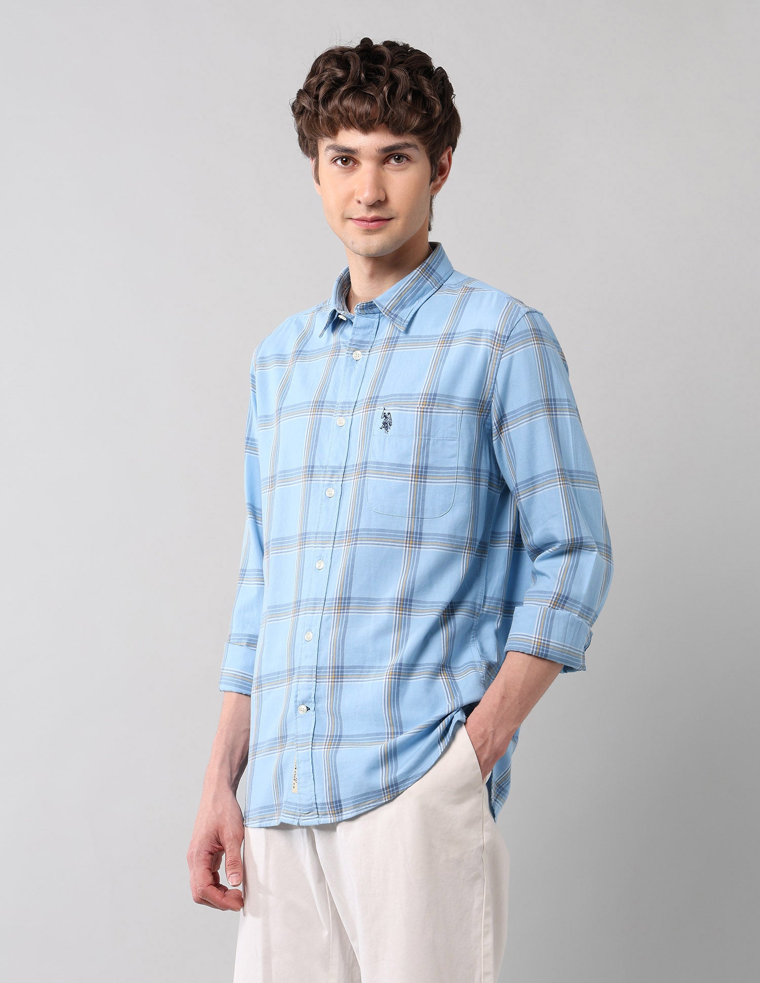 Grid Tattersall Checked Pure Cotton Shirt Light Blue - U.S. POLO ASSN. | Large
