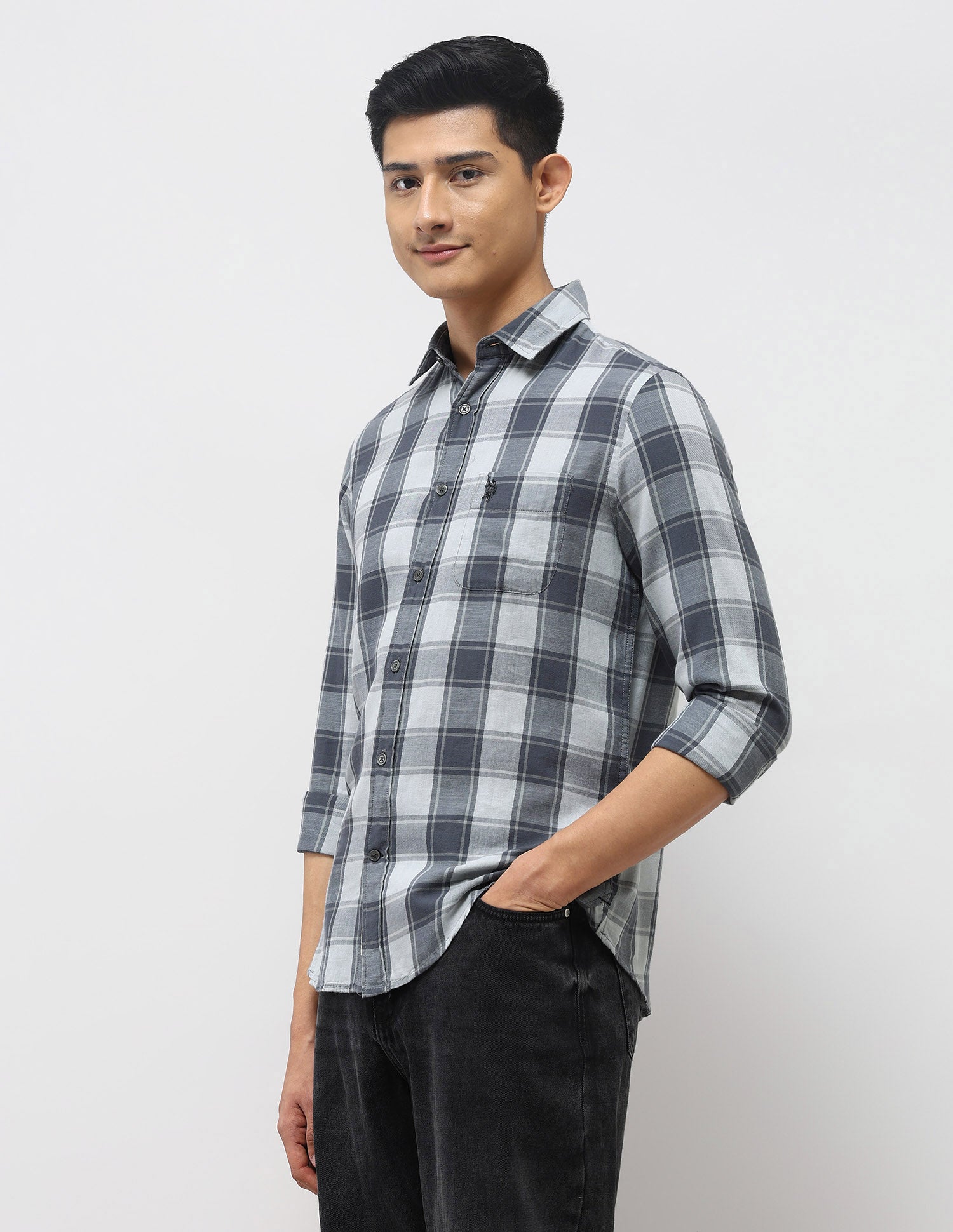 Plaid Checked Twill Shirt Light Grey - U.S. Polo Assn. India | Large