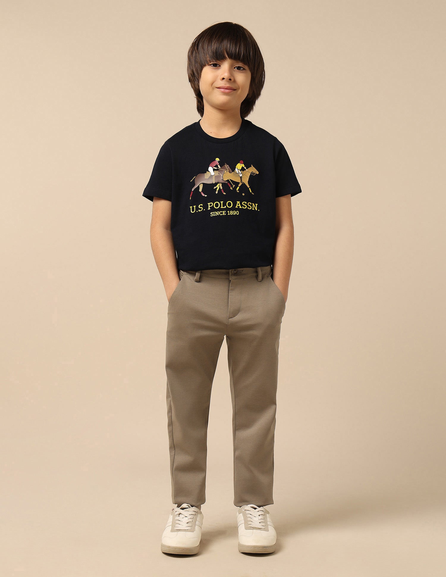 Boys Solid Slim Fit Trousers Khaki - U.S. POLO ASSN. | Large