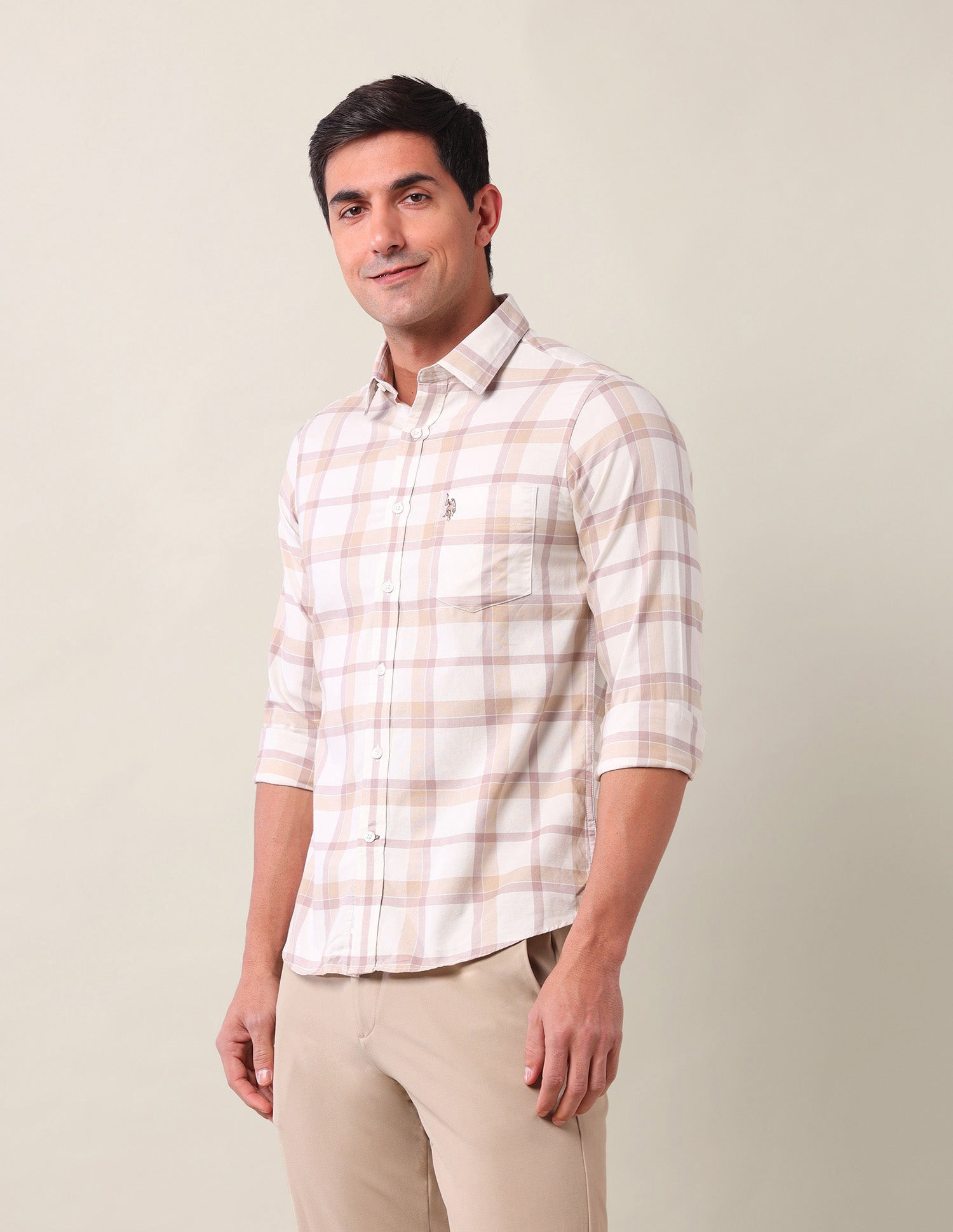 Tailored Fit Grid Tattersall Checked Shirt Ecru - U.S. Polo Assn. India | Large
