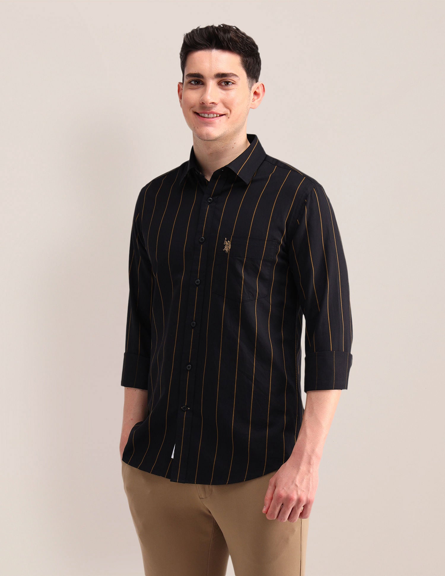 Tailored Fit Twill Striped Shirt Black - U.S. Polo Assn. India | Large