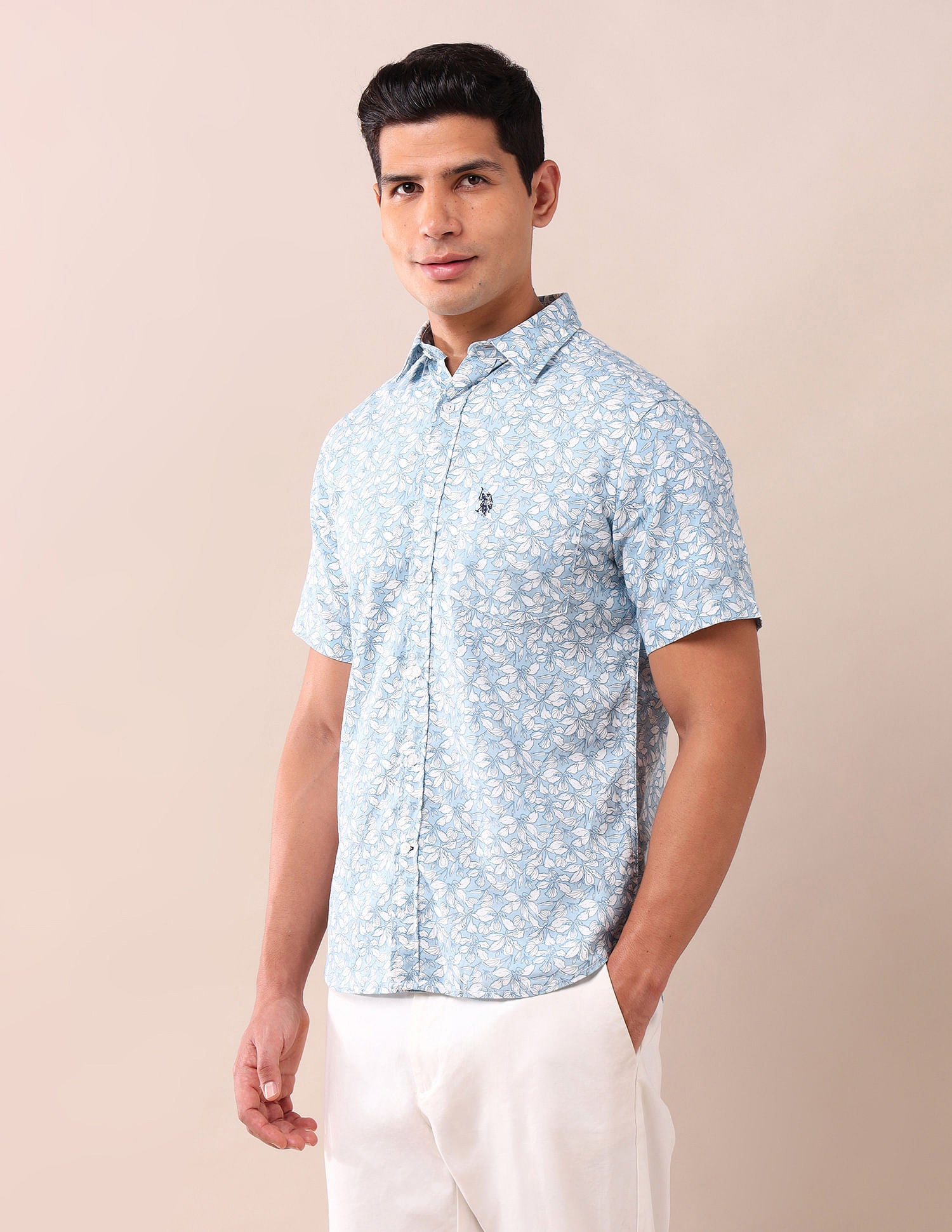 Tailored Fit Printed Shirt Light Blue - U.S. Polo Assn. India | Large