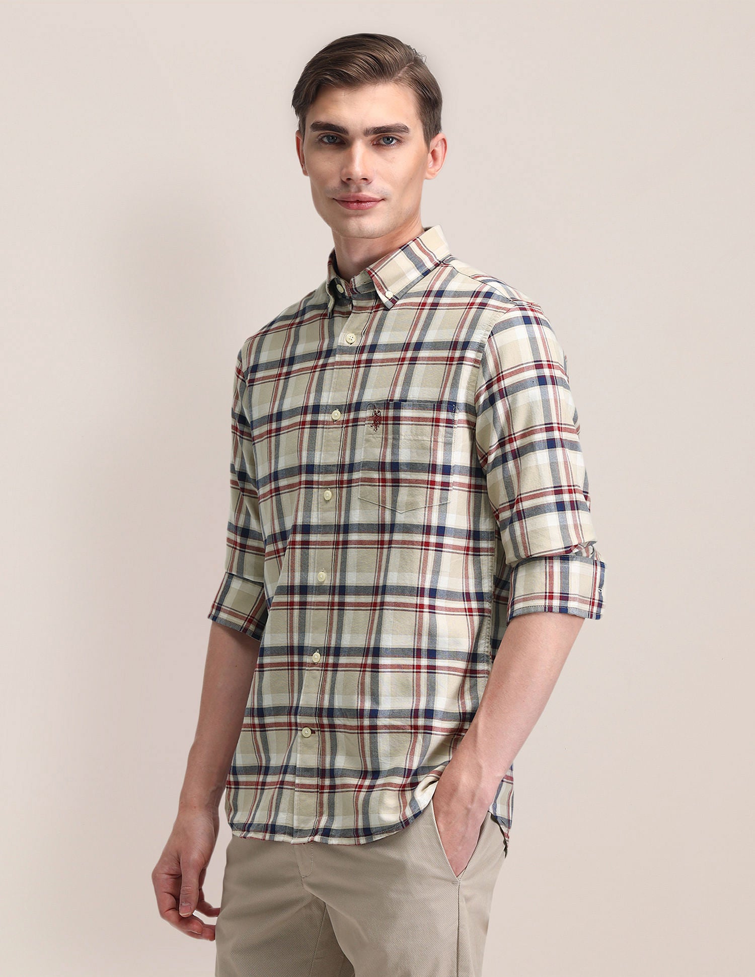 Tailored Fit Checked Shirt Beige - U.S. Polo Assn. India | Large
