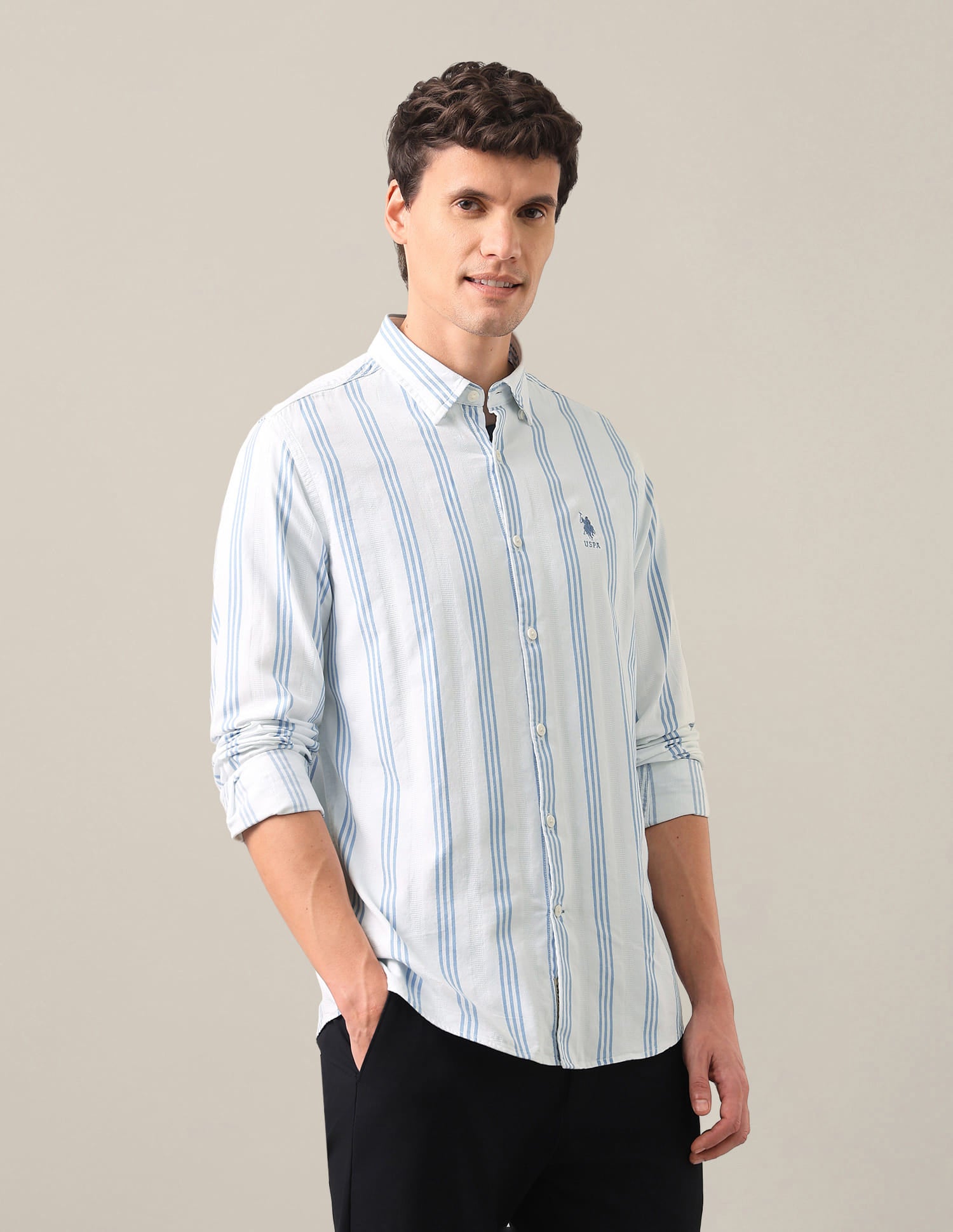 Vertical Striped Button Down Shirt Blue - U.S. Polo Assn. India | Large
