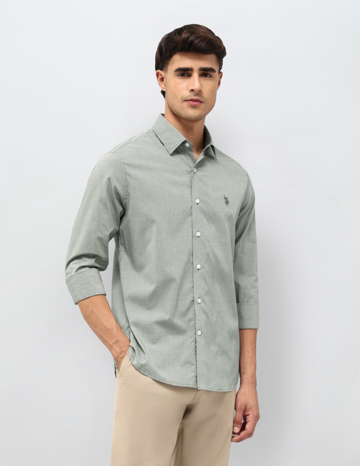 Micro Checked Tailored Fit Shirt Olive - U.S. POLO ASSN. | Large