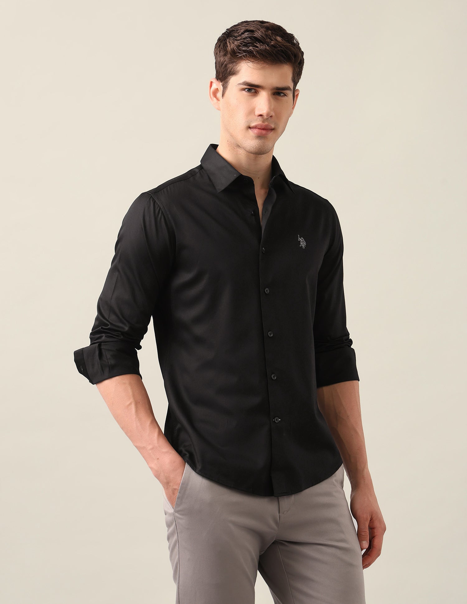 Satin Tailored Fit Shirt Black - U.S. Polo Assn. India | Large